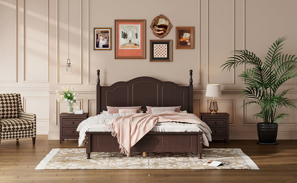 3 Pieces Bedroom Sets,Queen Size Wood Platform Bed And Two Nightstands Dark Walnut Walnut Wood