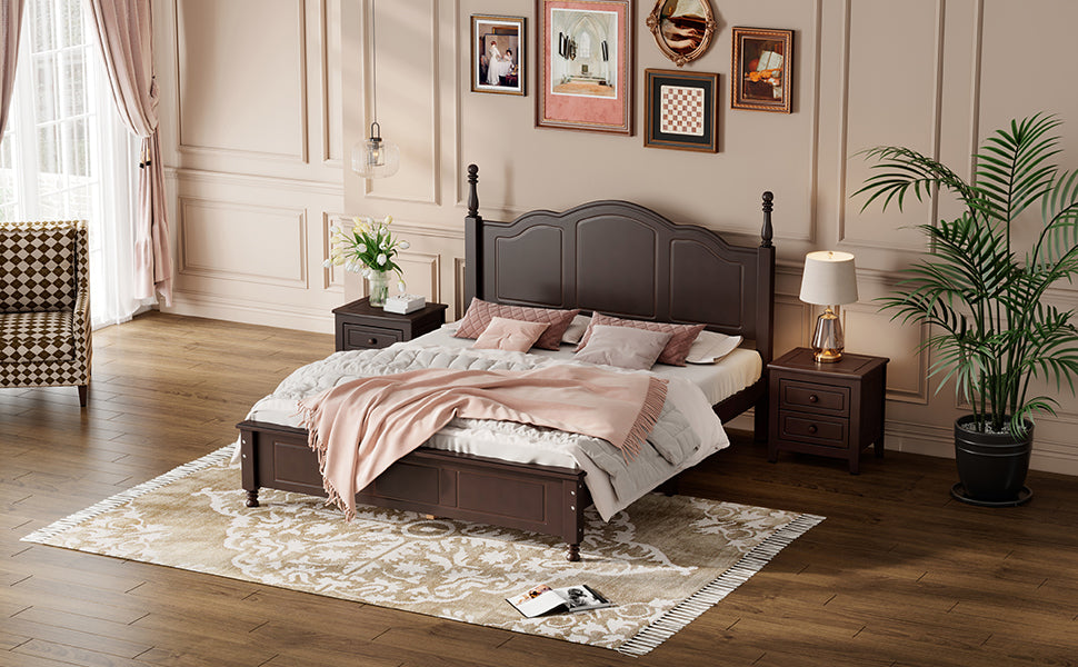 3 Pieces Bedroom Sets,Queen Size Wood Platform Bed And Two Nightstands Dark Walnut Walnut Wood