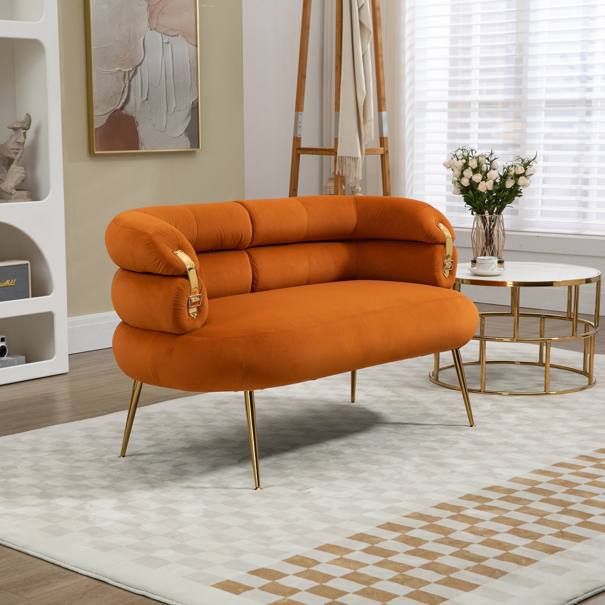 Coolmore Small Loveseat Sofa, Upholstered Mini Couch With Curved Backrest With Stylish Golden Decor, Small Comfy Beautiful Seat Leisure Accent Couch For Living Room, Bedroom, Office Orange Orange Foam Velvet