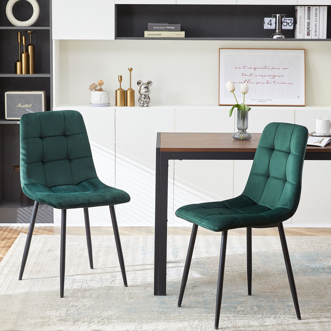 Mid Century Modern Green Velvet Dining Chairs Set Of 2 For Kitchen, Living Room Green Dining Room Dining Chairs Foam Velvet