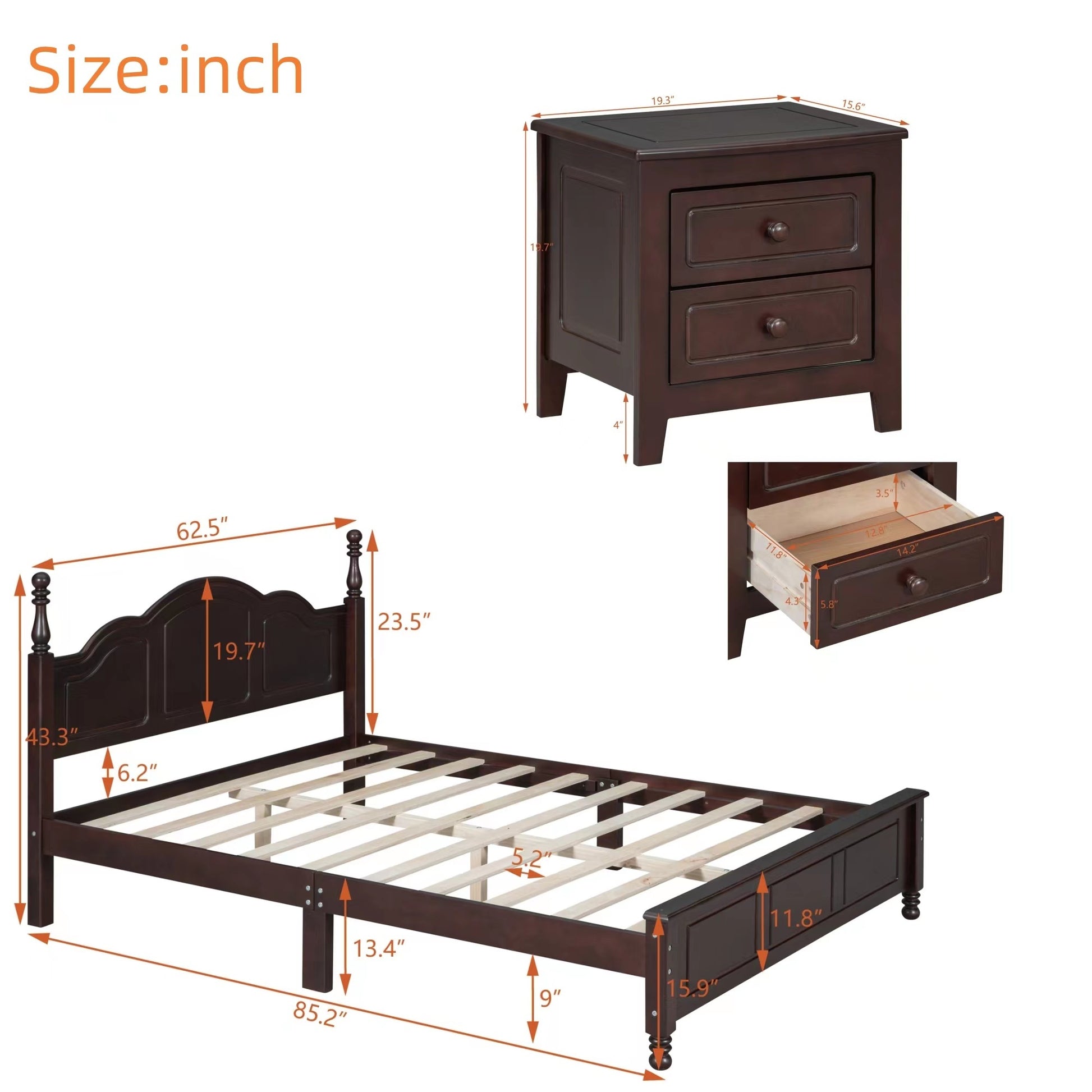 3 Pieces Bedroom Sets,Queen Size Wood Platform Bed And Two Nightstands Dark Walnut Walnut Wood