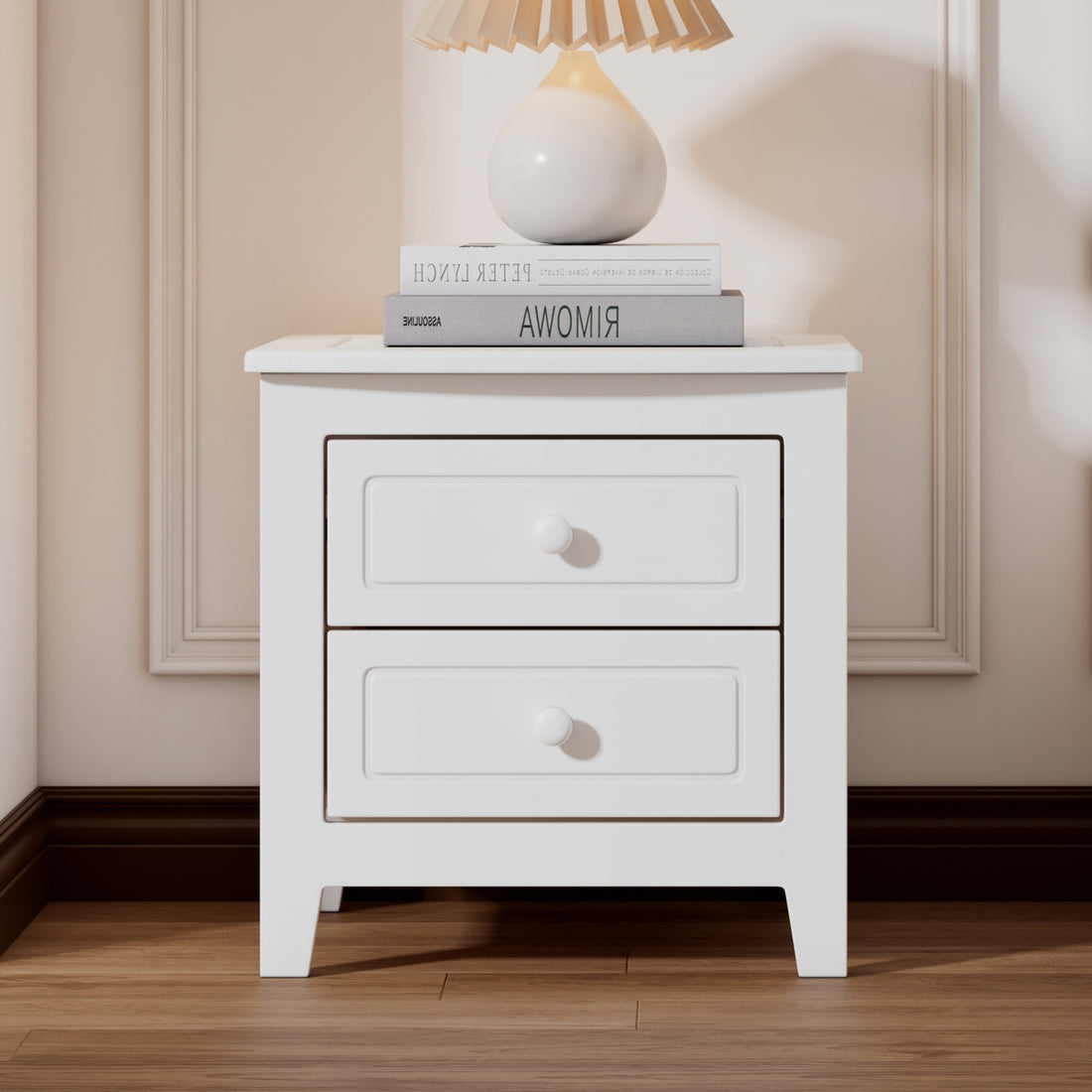 2 Drawer Nightstand For Bedroom, Mid Century Retro Bedside Table With Classic Design,White White Wood