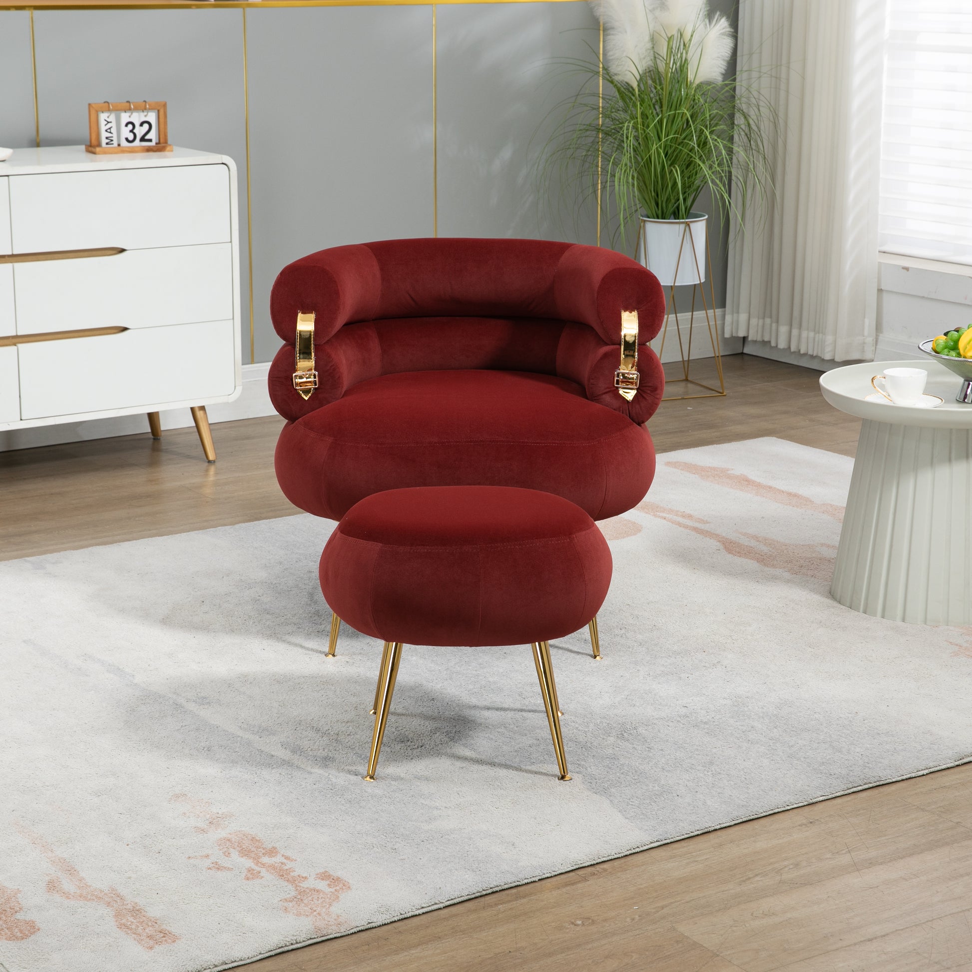 Coolmore Upholstered Velvet Barrel Accent Chair With Ottoman,Accent Comfy Lounge Arm Chair And Folding Footrest Stool Set,Single Sofa Armchair With Lounge Seat For Bedroom,Office Wine Red Wine Red Foam Velvet