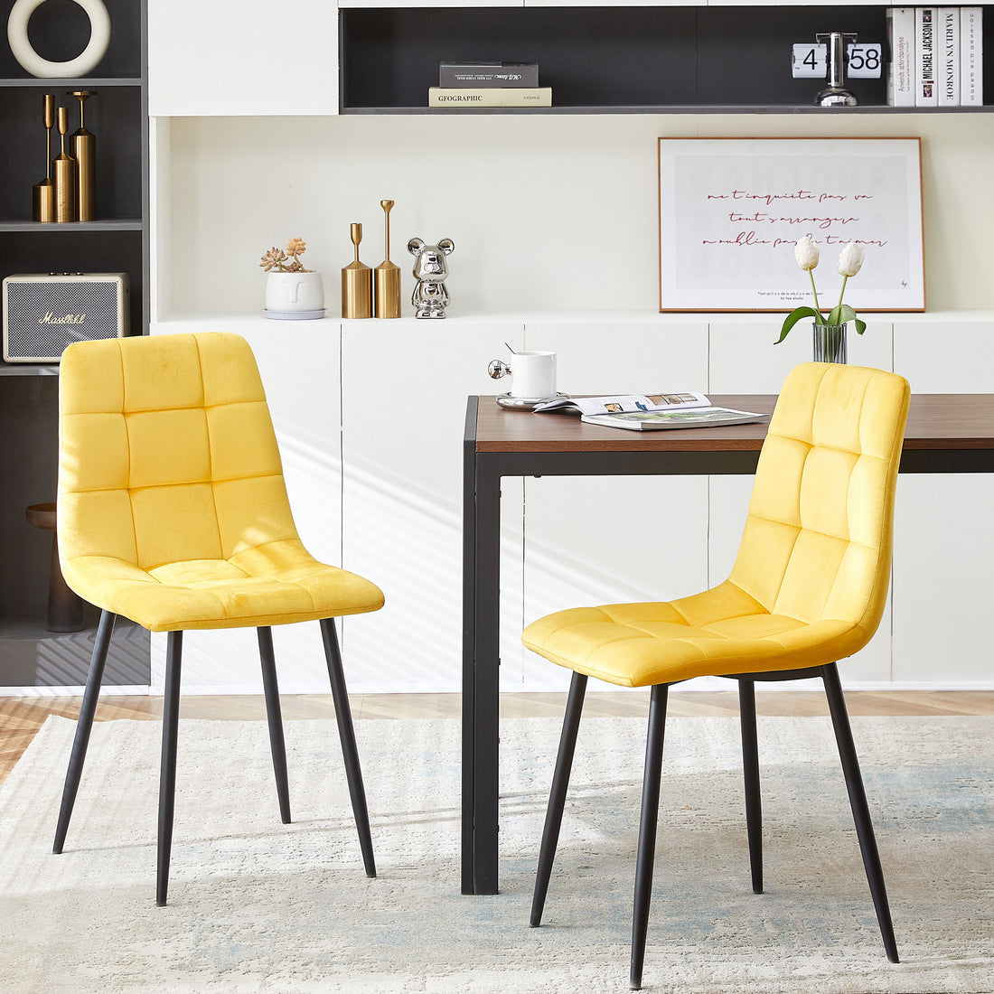 Mid Century Modern Yellow Velvet Dining Chairs Set Of 2 For Kitchen, Living Room Yellow Dining Room Square Modern Dining Chairs Foam Velvet