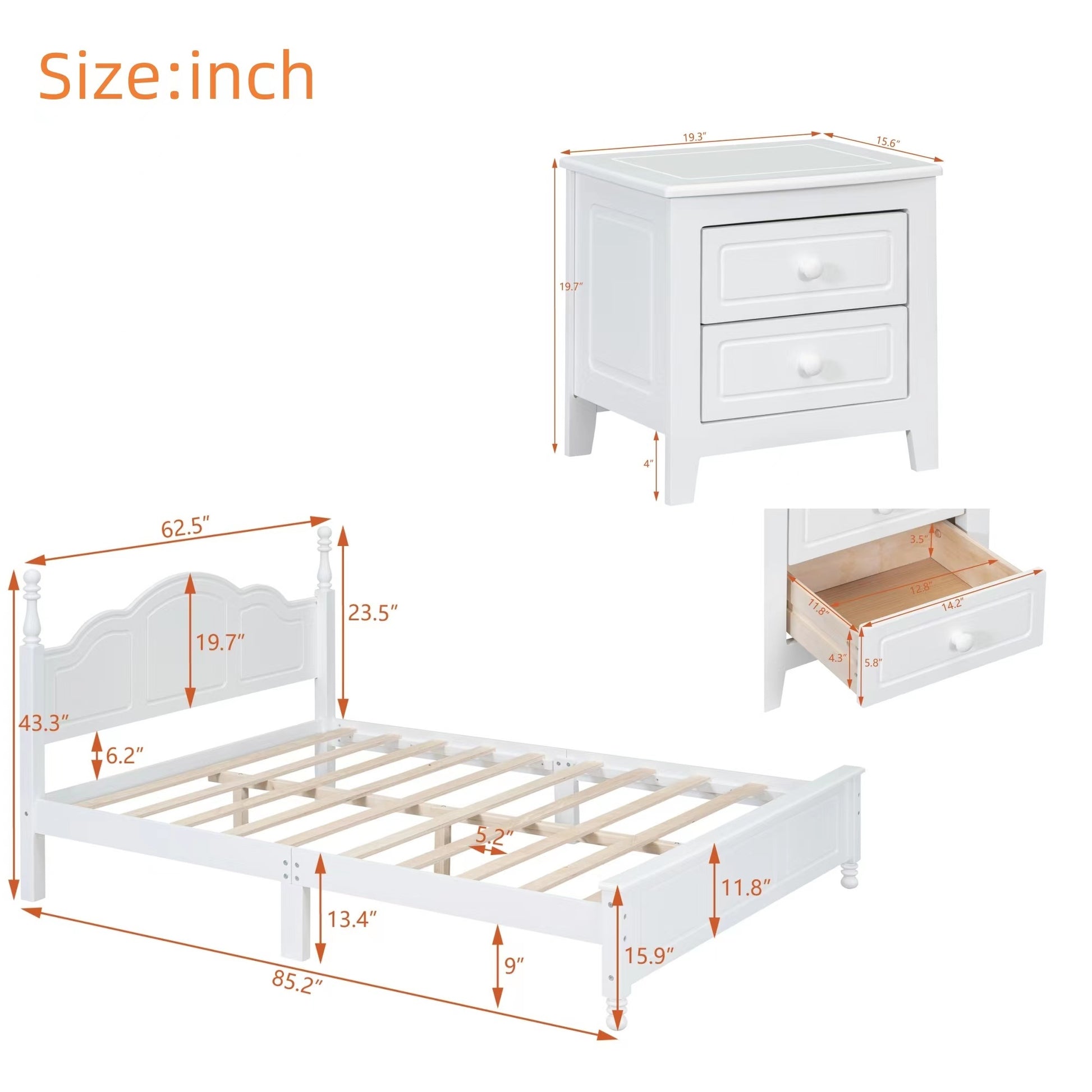 3 Pieces Bedroom Sets,Queen Size Wood Platform Bed And Two Nightstands White White Wood