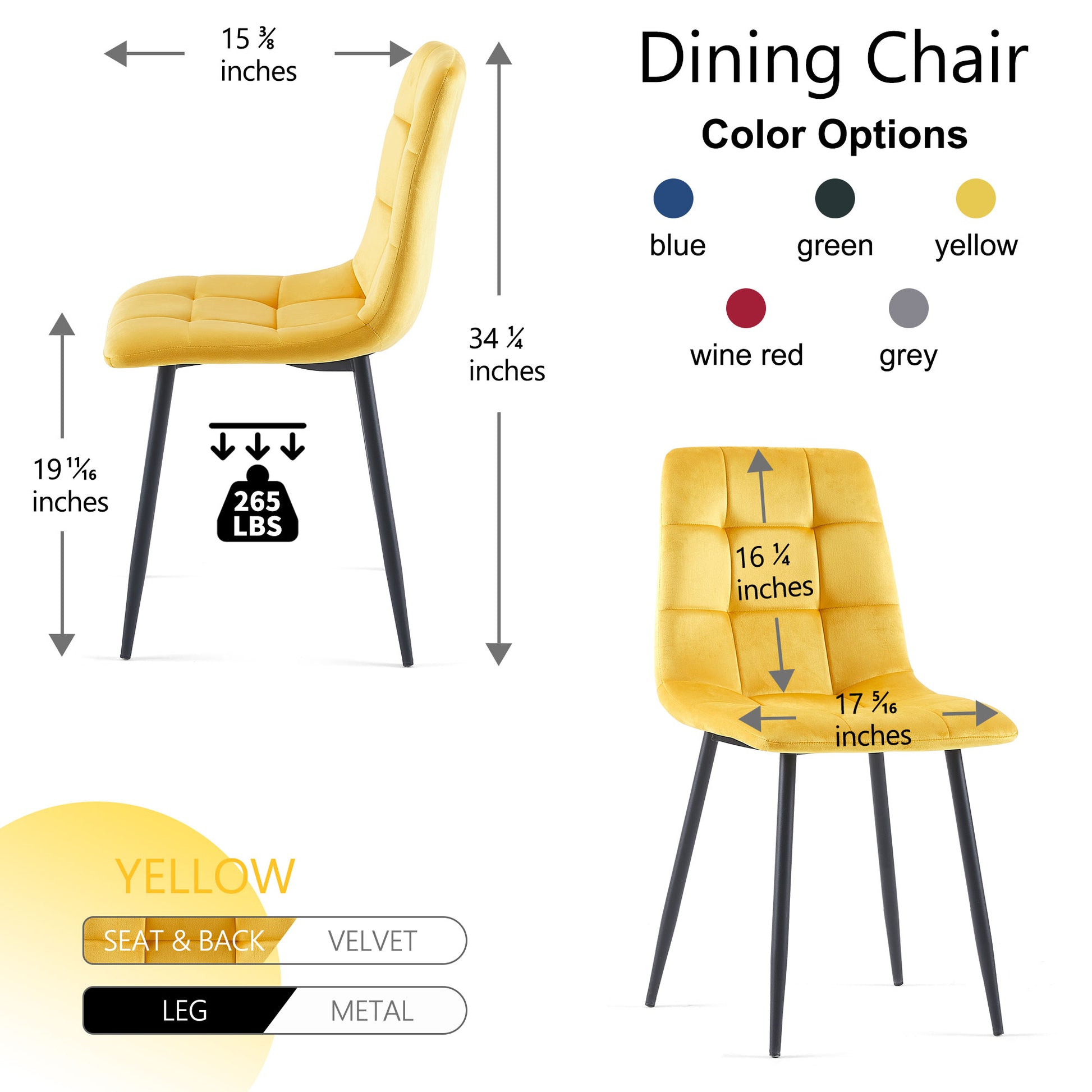 Yellow Velvet Dining Chairs,Modern Kitchen Dining Room Chairs Set Of 4 Metal Plaid Yellow Dining Room Powder Coated Foam Dry Clean Modern Dining Chairs Solid Back Foam Velvet