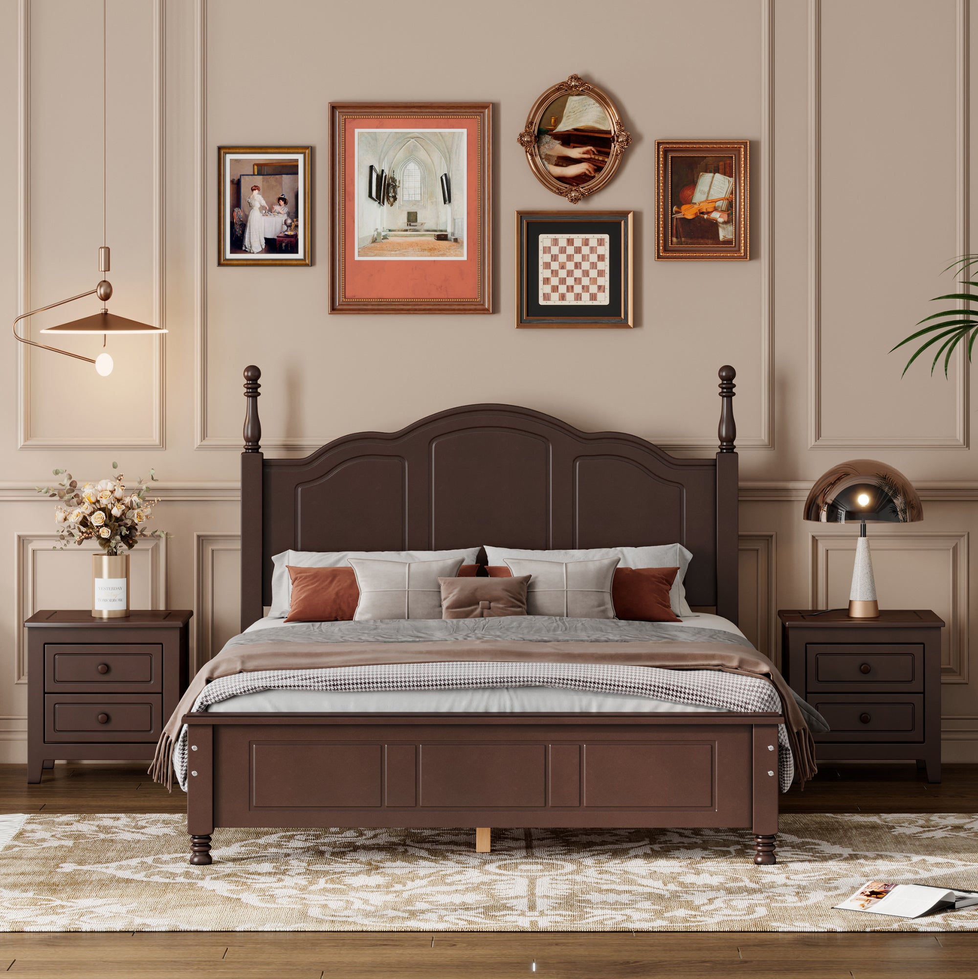 3 Pieces Bedroom Sets,Full Size Wood Platform Bed And Two Nightstands Dark Walnut Walnut Wood