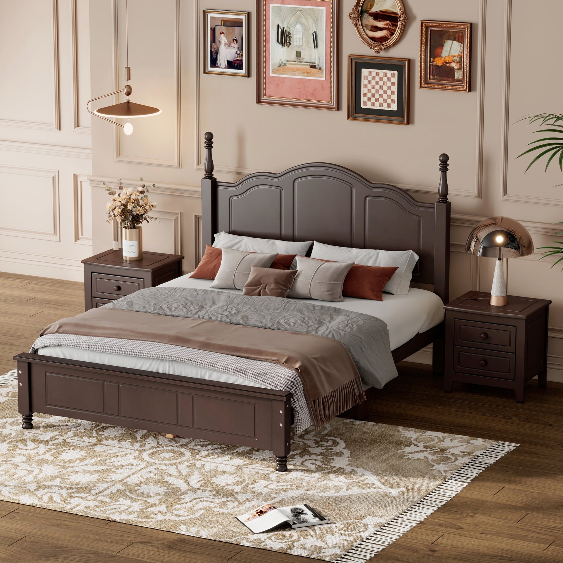 3 Pieces Bedroom Sets,Full Size Wood Platform Bed And Two Nightstands Dark Walnut Walnut Wood