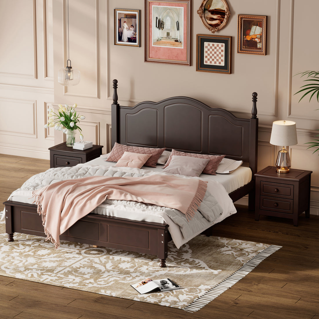 3 Pieces Bedroom Sets,Queen Size Wood Platform Bed And Two Nightstands Dark Walnut Walnut Wood