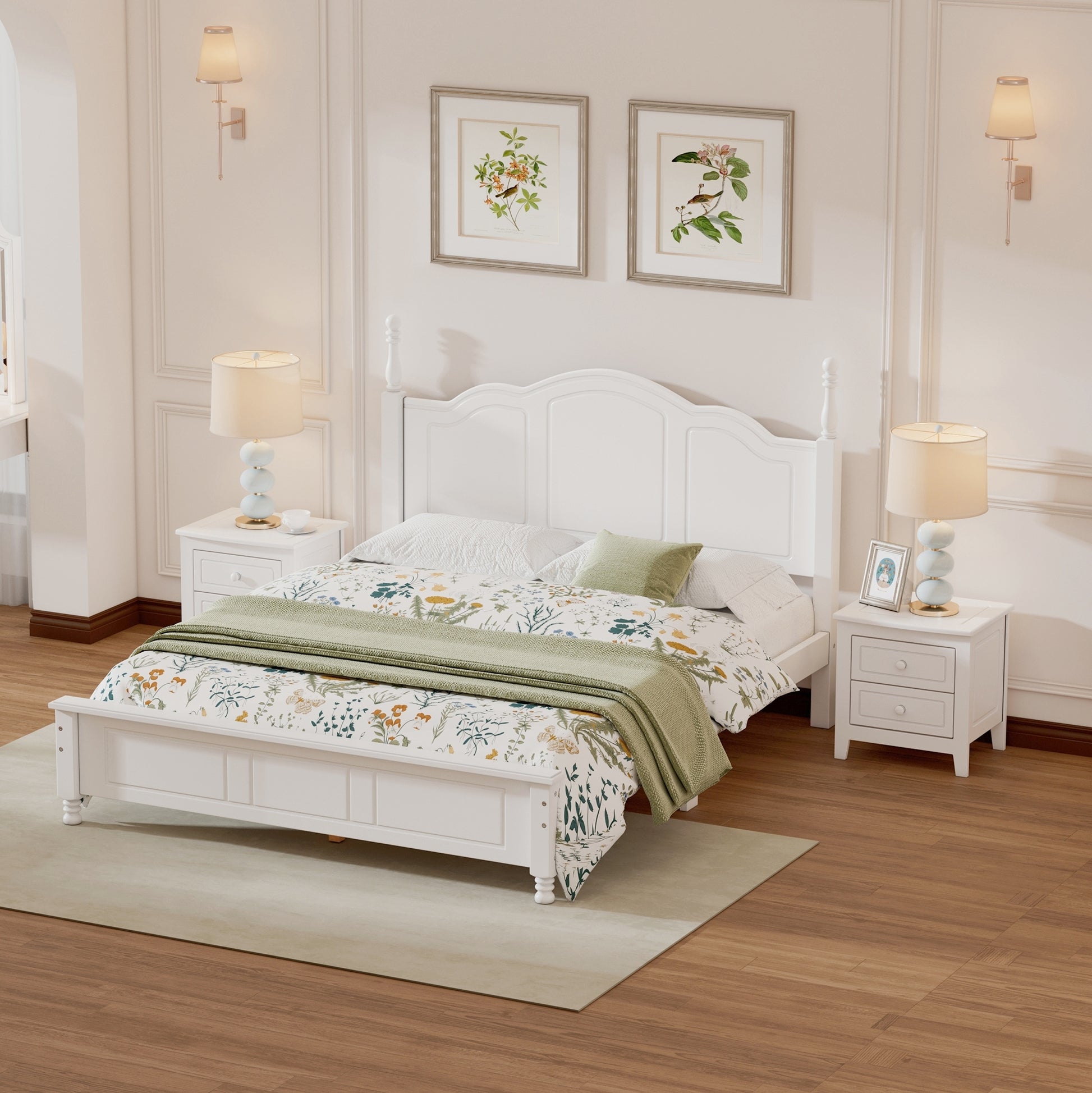 3 Pieces Bedroom Sets,Queen Size Wood Platform Bed And Two Nightstands White White Wood