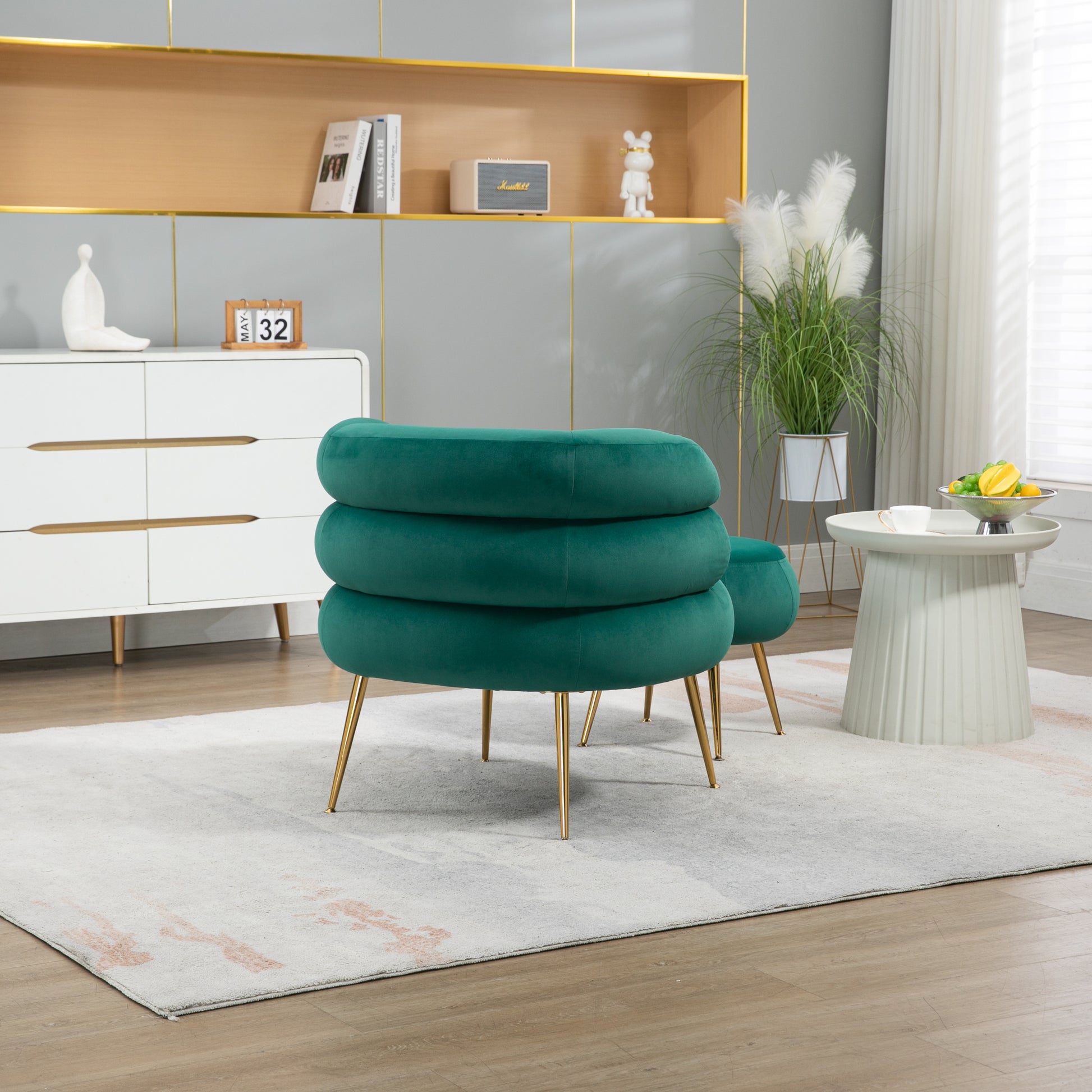 Coolmore Upholstered Velvet Barrel Accent Chair With Ottoman,Accent Comfy Lounge Arm Chair And Folding Footrest Stool Set,Single Sofa Armchair With Lounge Seat For Bedroom,Office Green Green Foam Velvet