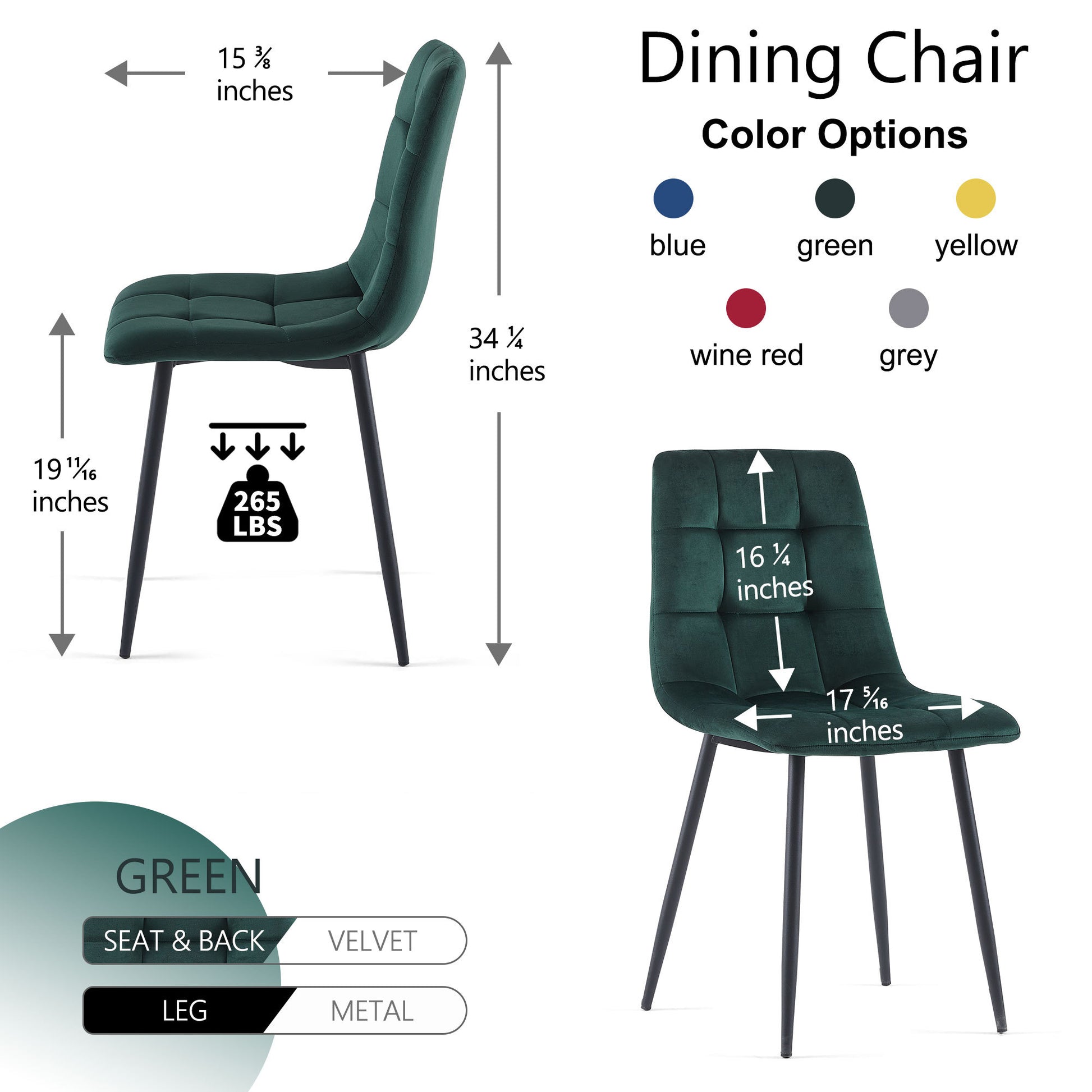 Green Velvet Dining Chairs Set Of 4 Metal Plaid Green Dining Room Powder Coated Foam Dry Clean Modern Dining Chairs Solid Back Foam Velvet