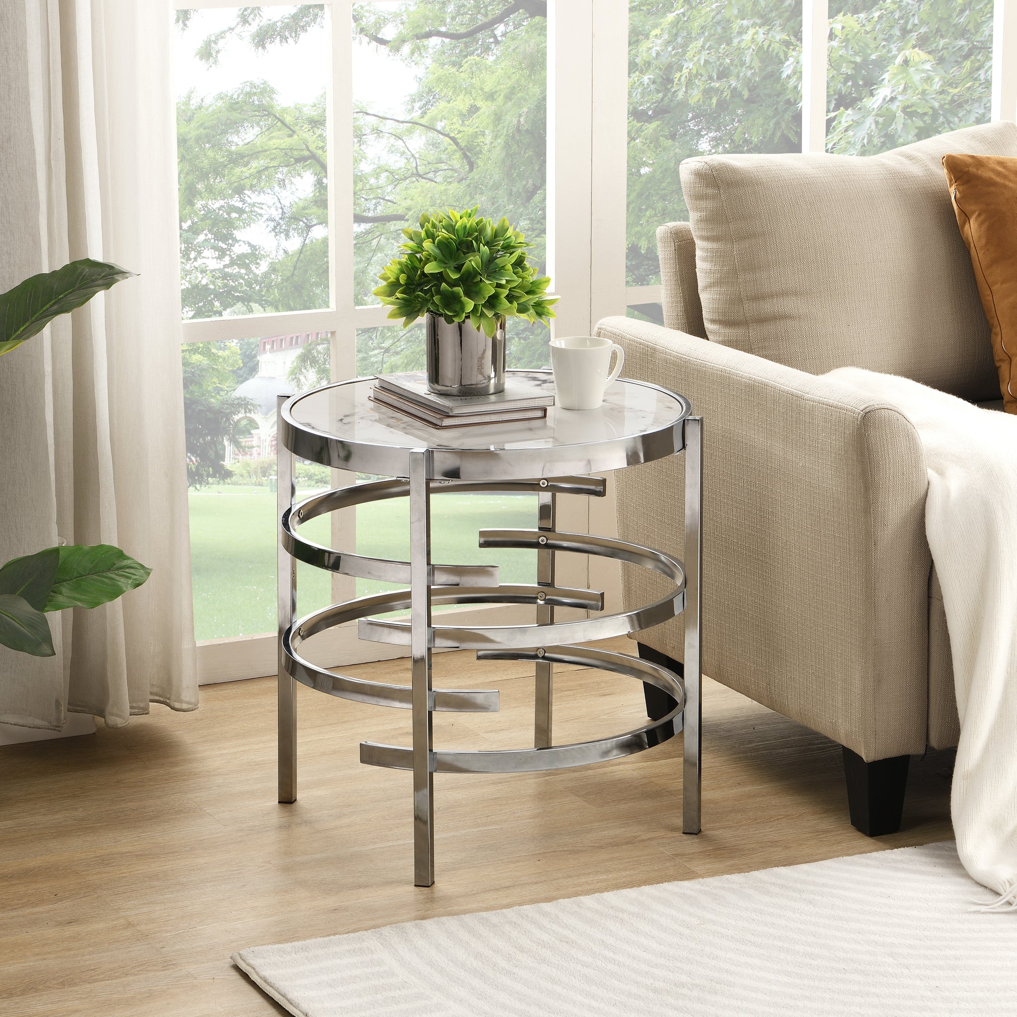 Modern Round End Table With Sintered Stone Top, Chrome Silver End Table For Living Room 20.67''W X 20.67''D X 21.65''H Silver Iron