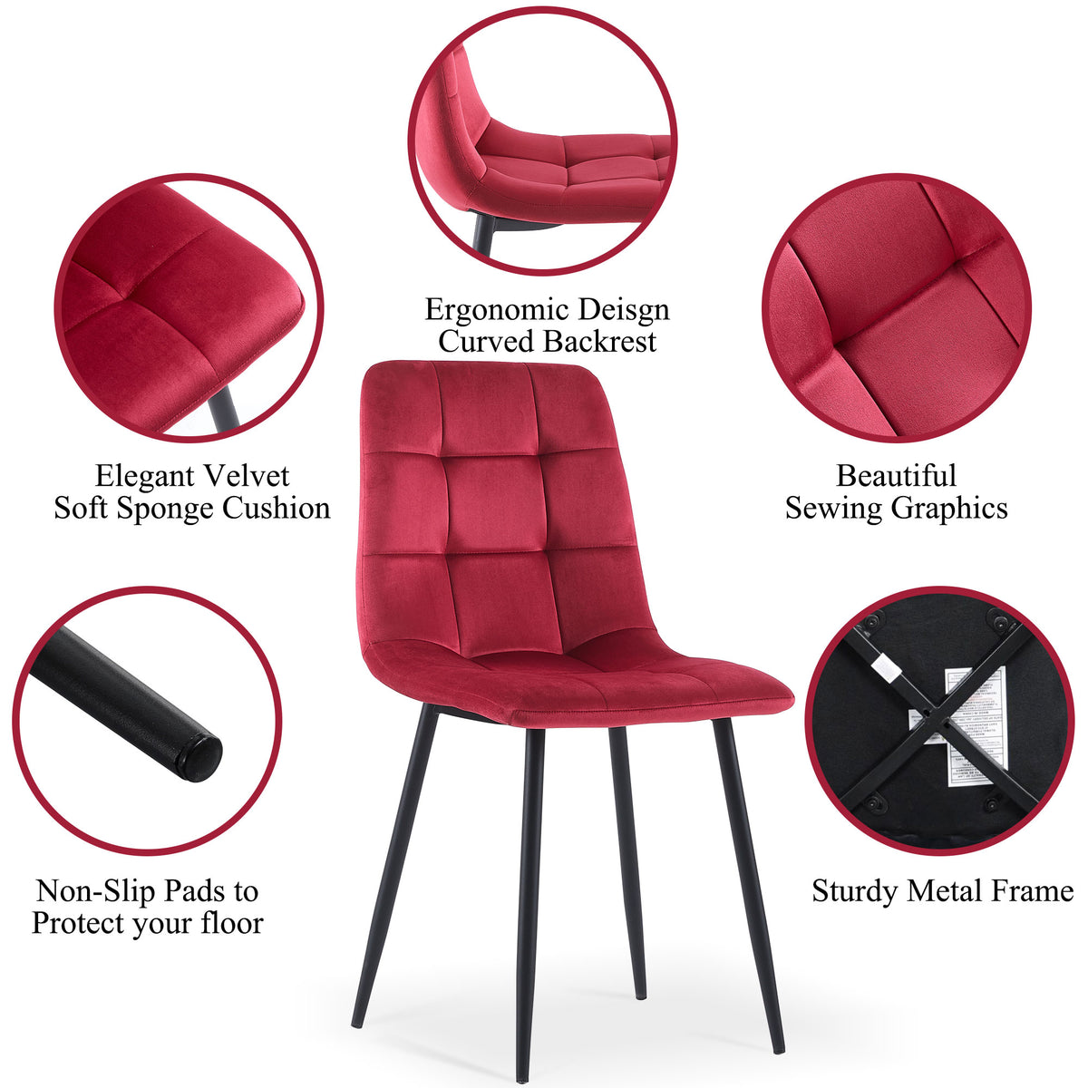 Mid Century Modern Wine Velvet Dining Chairs Set Of 2 For Kitchen, Liv