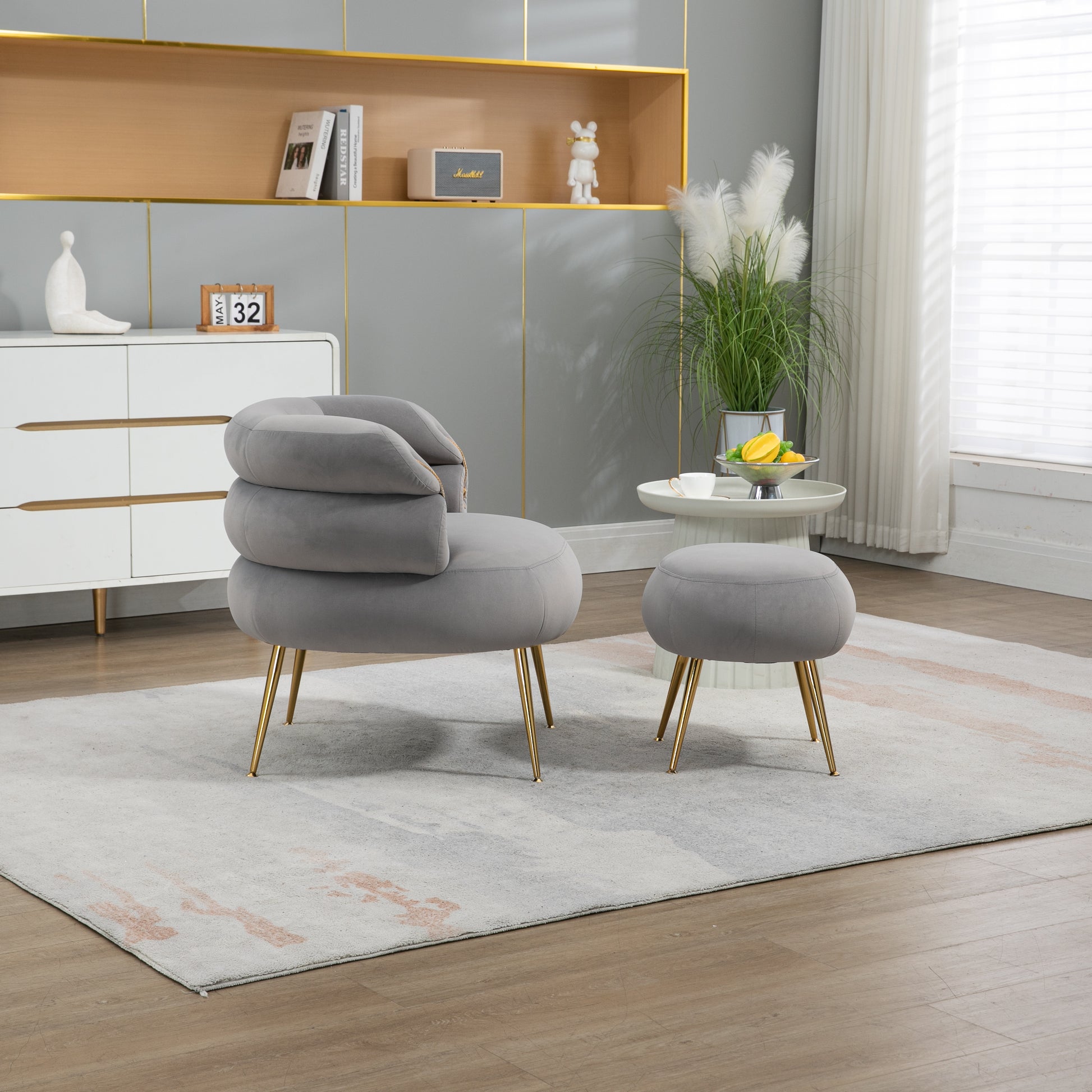 Coolmore Upholstered Velvet Barrel Accent Chair With Ottoman,Accent Comfy Lounge Arm Chair And Folding Footrest Stool Set,Single Sofa Armchair With Lounge Seat For Bedroom,Office Gray Gray Foam Velvet