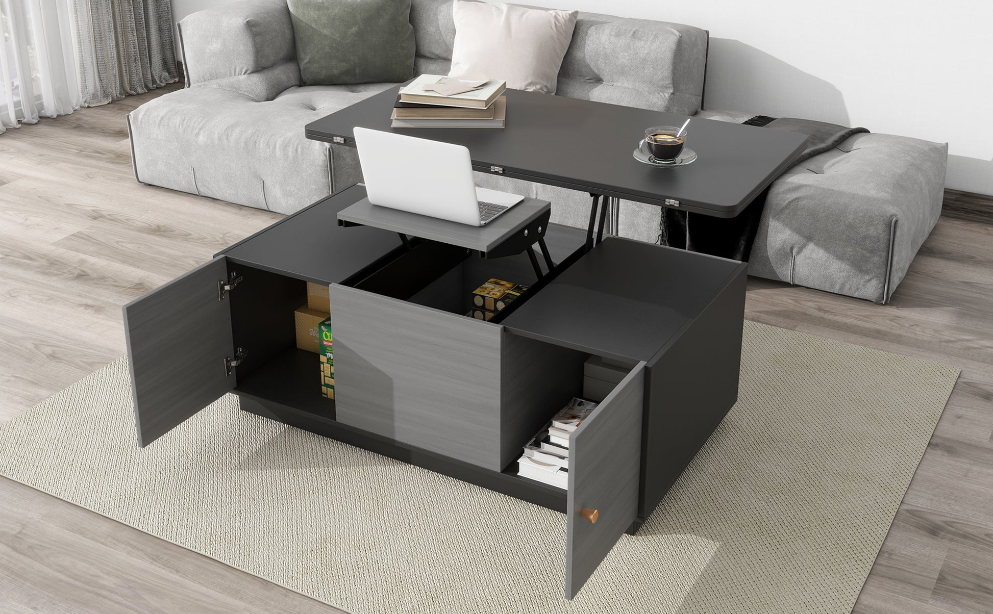 Modern Gray Multi Functional Rectangle Lift Top Coffee Table Extendable With Storage Dark Gray Mdf