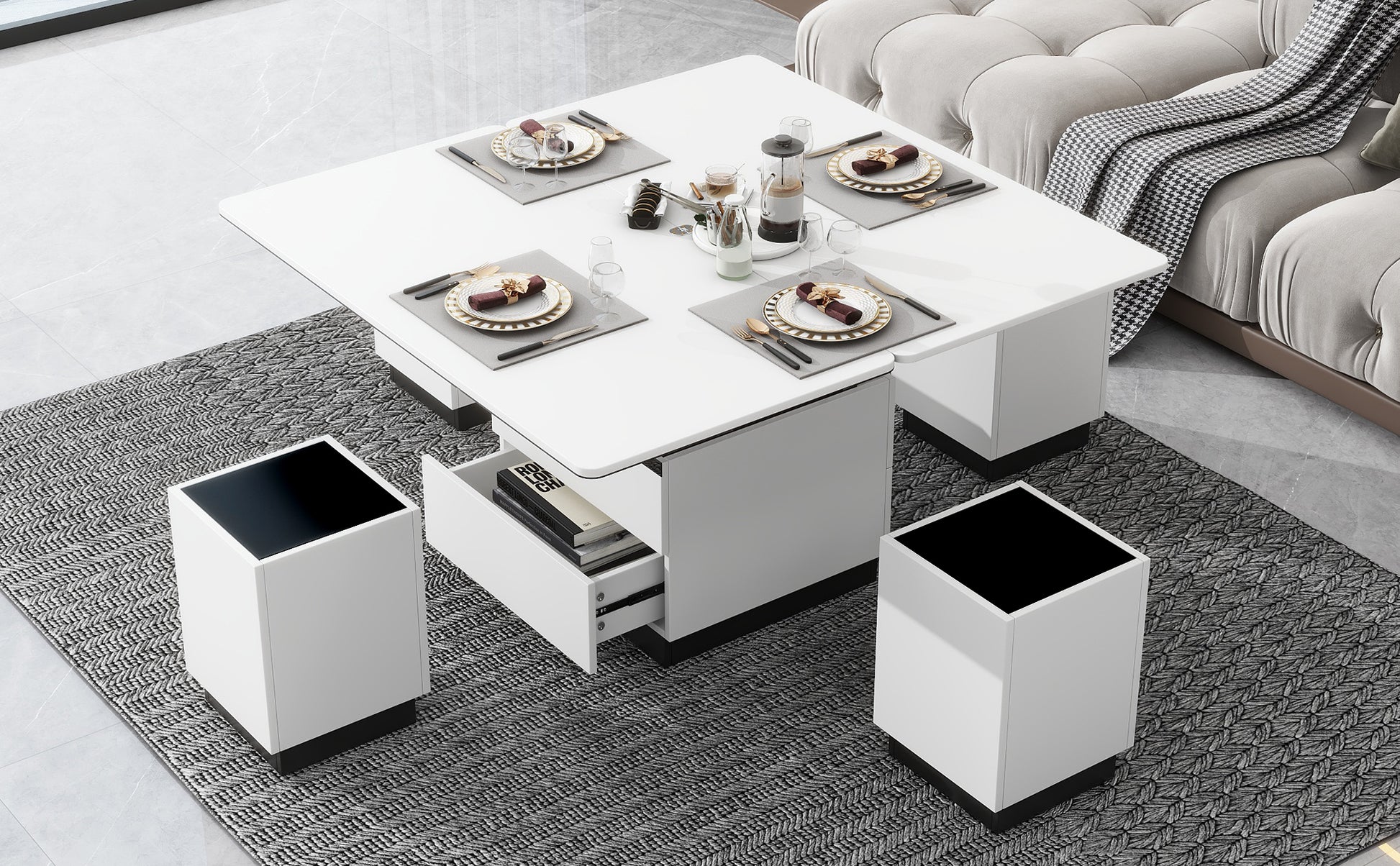 Modern White Lift Top Glass Coffee Table With Drawers & Storage Multifunction Table Black White Mdf Glass