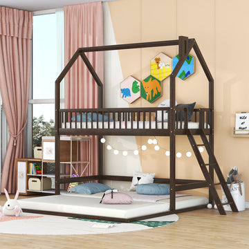 Twin Over Twin Twin House Bunk Bed With Extending Trundle And Ladder Espresso Plywood