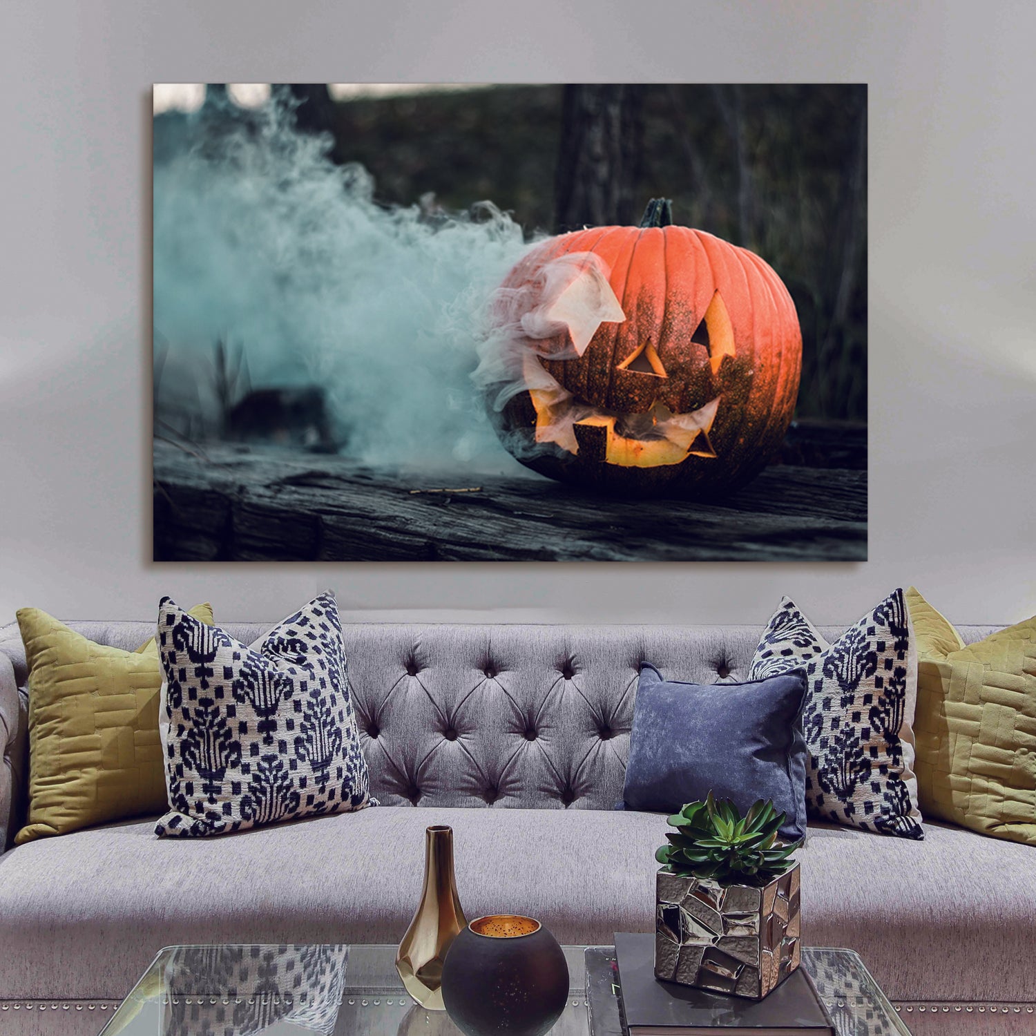 Drop Ping Framed Canvas Wall Art Decor Painting For Halloween, Skeleton With Jack O Lanterns Painting For Halloween Gift, Decoration For Halloween Living Room, Bedroom Decor Ready To Hang Rectangle