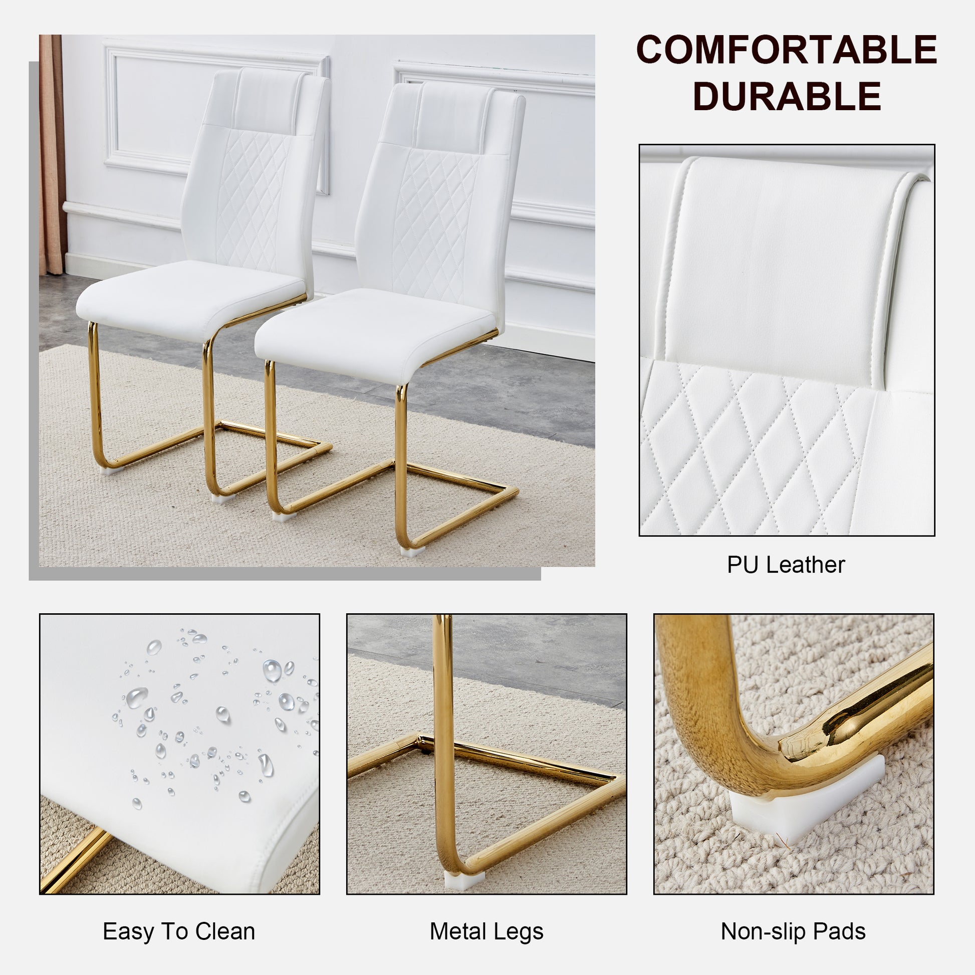 Modern Dining Chairs, Dining Room Chairs, And Golden Leg Cushioned Chairs Made Of Artificial Leather, Suitable For Kitchens, Living Rooms, Bedrooms, And Offices. Set Of 6 Pieces White Pu C 001 White Pu