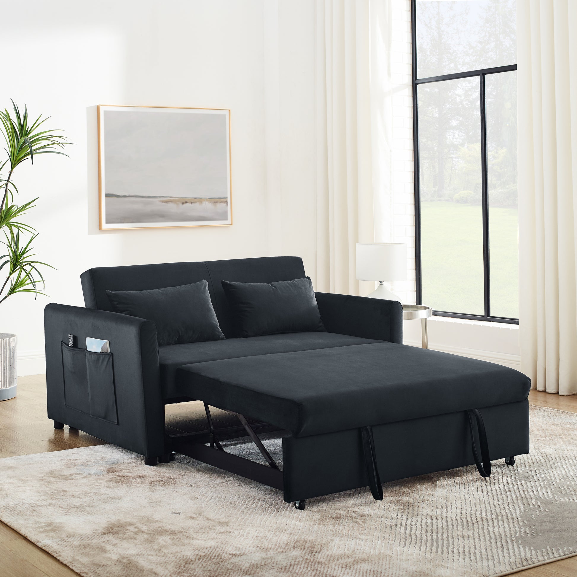 Convertible Sofa Bed, 3 In 1 Versatile Velvet Double Sofa With Pullout Bed, Seat With Adjustable Backrest, Lumbar Pillows, And Living Room Side Pockets, 54 Inch, Black Black Brown Velvet Wood Primary Living Space Soft Pillow Back Delicate Duty American