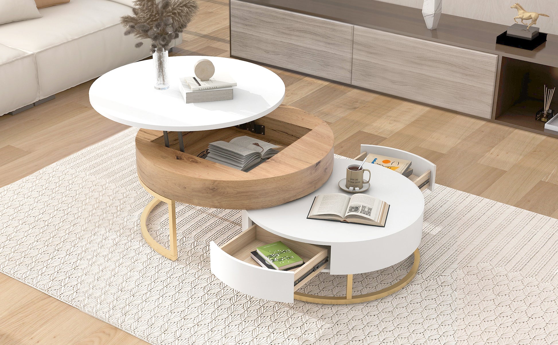 Modern Round Lift Top Nesting Coffee Tables With 2 Drawers White & Natural Oak Natural Wood Antique White Mdf