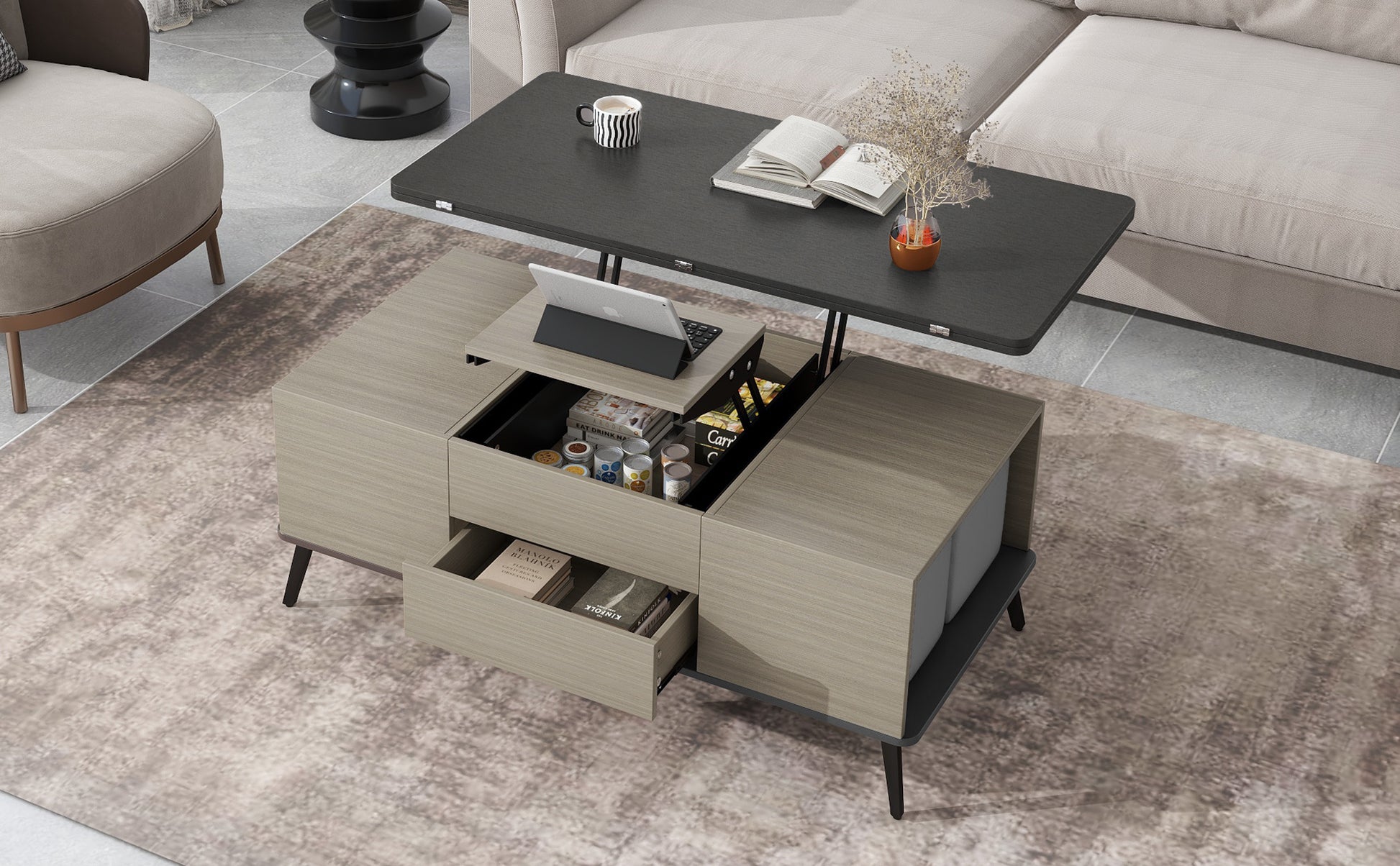 5 Pieces Lift Top Coffee Table Set With Storage Convertible Dining Table With Ottomans Dark Gray Fabric Mdf