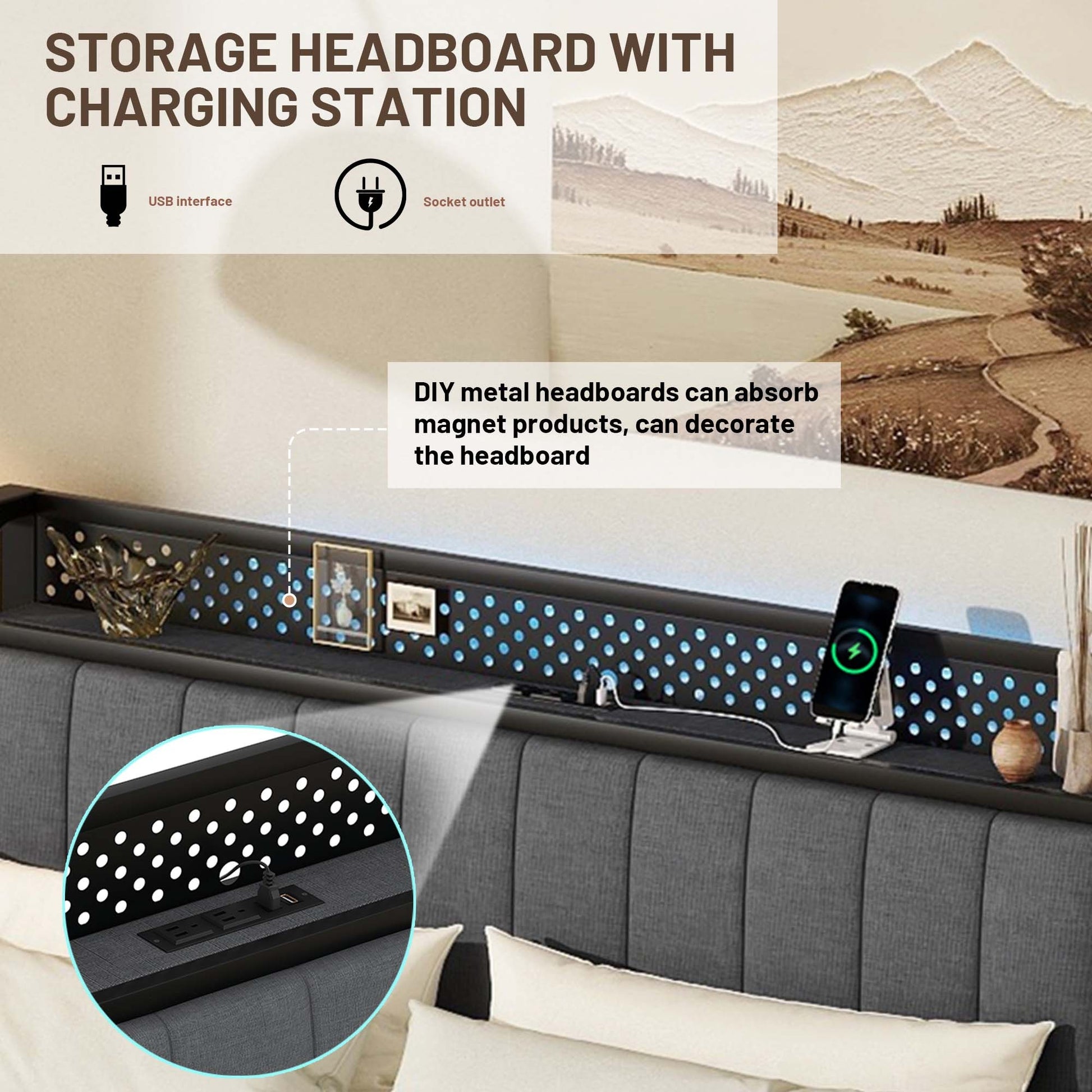 Queen Bed Frame With Led Headboard, Upholstered Bed With 4 Storage Drawers And Usb Ports, Dark Grey Queen Dark Gray Linen