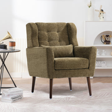 Modern Accent Chair,Chenille Arm Chairs For Living Room,Upholstered Mordern Armchair,Comfy Soft Padded Lounge Chair In Small Space, Bedroom, W Pillow, Solid Wood Leg Olive Green Olive Green Light Brown Primary Living Space Modern Rubberwood Foam Chenille