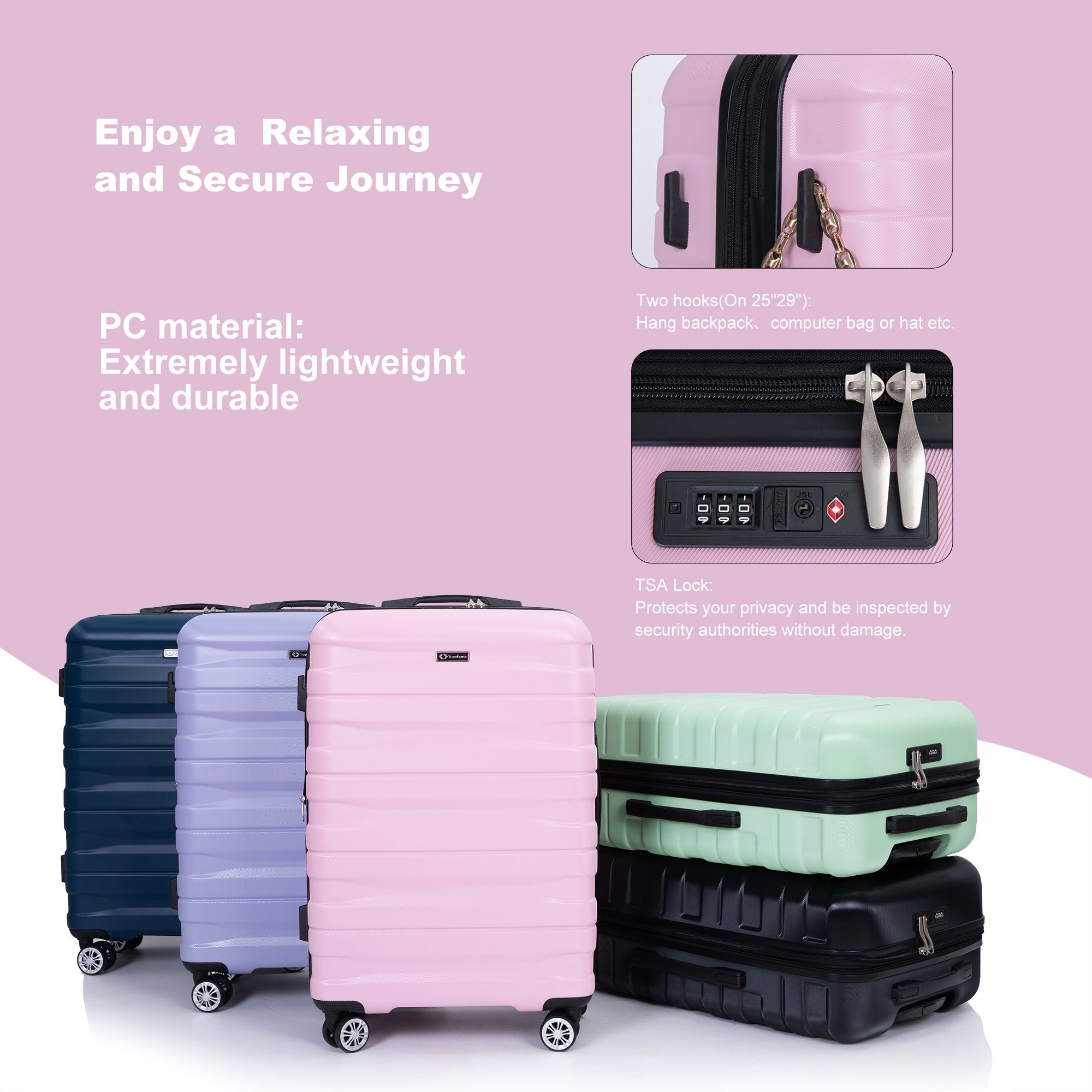 3 Piece Luggage Sets PC Lightweight & Durable pink-pc