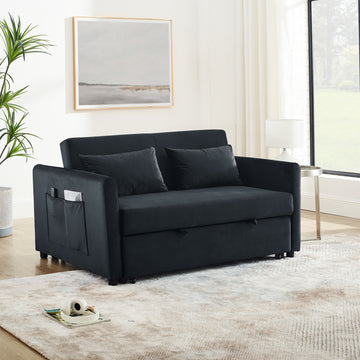 Convertible Sofa Bed, 3 In 1 Versatile Velvet Double Sofa With Pullout Bed, Seat With Adjustable Backrest, Lumbar Pillows, And Living Room Side Pockets, 54 Inch, Black Black Brown Velvet Wood Primary Living Space Soft Pillow Back Delicate Duty American