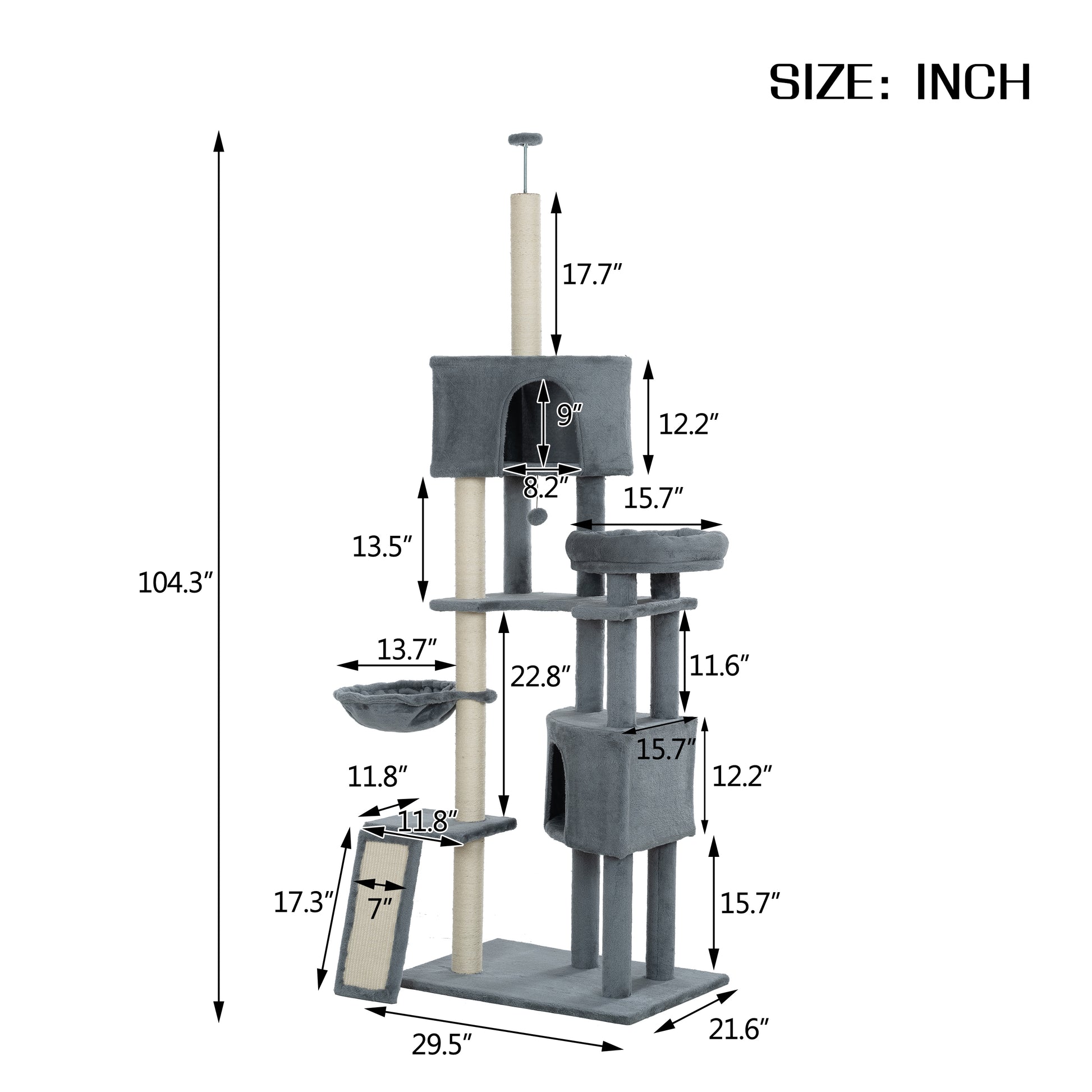 Cat Tree, 105 Inch Cat Tower For Indoor Cats, Plush Multi Level Cat Condo With 3 Perches, 2 Caves, Cozy Basket And Scratching Board, Gray Color Antique Gray Mdf