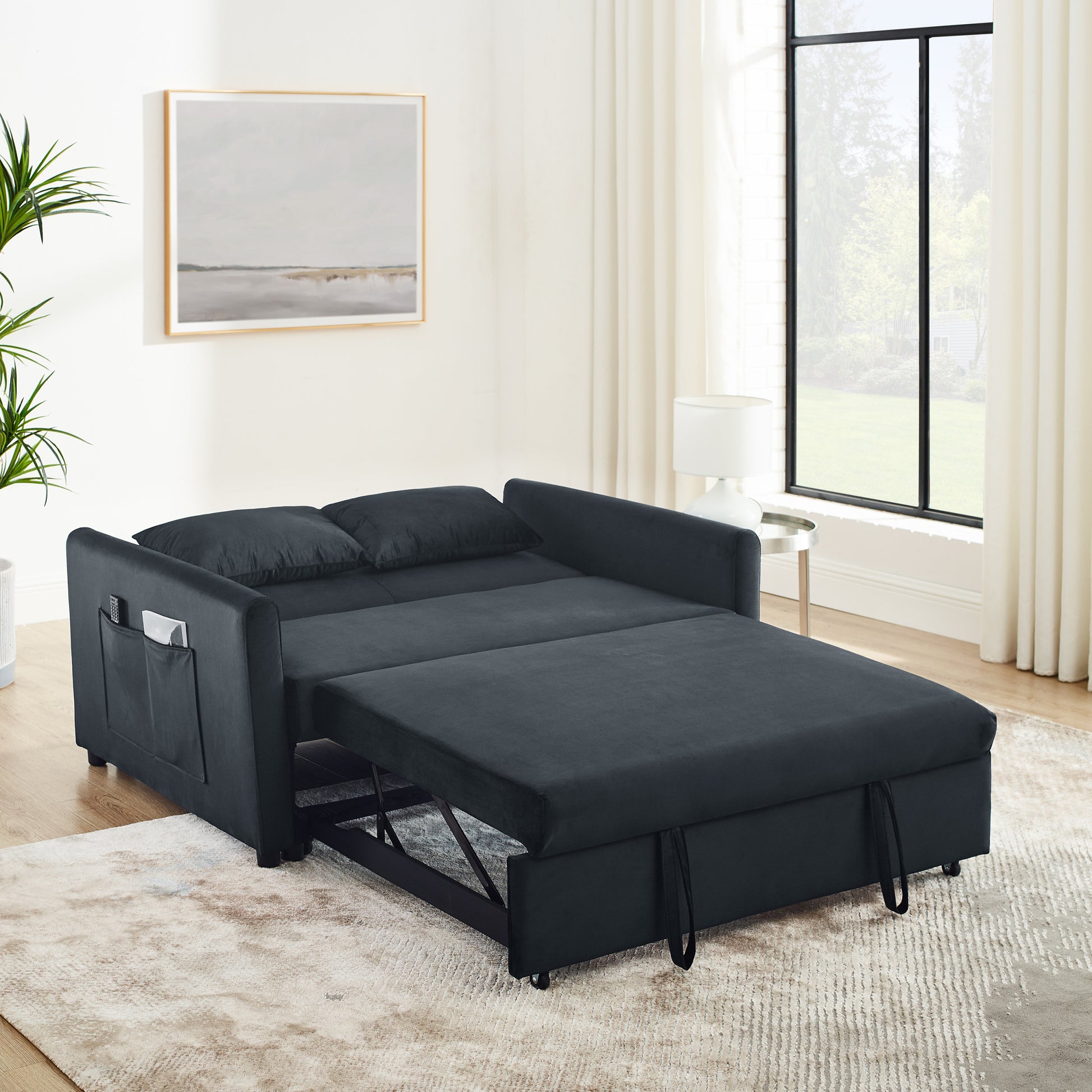 Convertible Sofa Bed, 3 In 1 Versatile Velvet Double Sofa With Pullout Bed, Seat With Adjustable Backrest, Lumbar Pillows, And Living Room Side Pockets, 54 Inch, Black Black Brown Velvet Wood Primary Living Space Soft Pillow Back Delicate Duty American