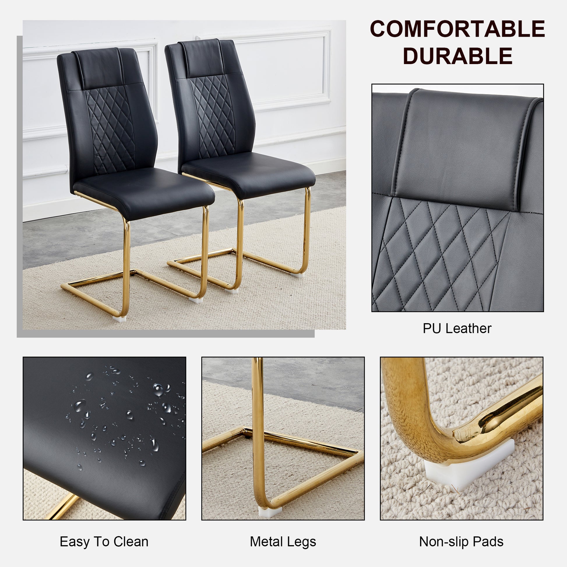 Modern Dining Chairs With Faux Leather Padded Seats, Dining Room Chairs, Gold Metal Leg Upholstered Chairs, Suitable For Kitchens, Living Rooms, Bedrooms, And Offices, Set Of 4 Black Pu Leather C 001 Black Foam Pu