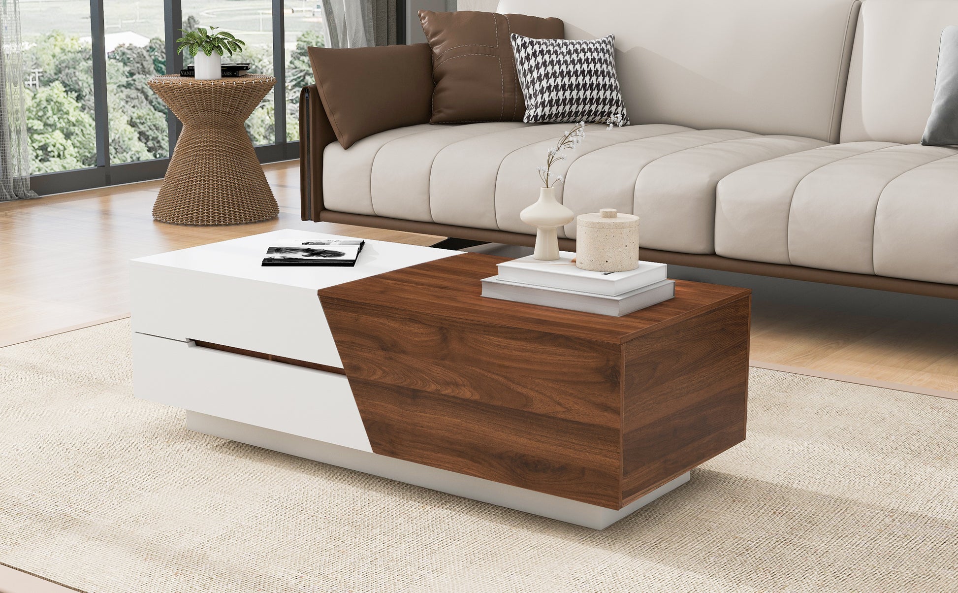 Modern Extendable Sliding Top Coffee Table With Storage In White&Walnut White Walnut Mdf