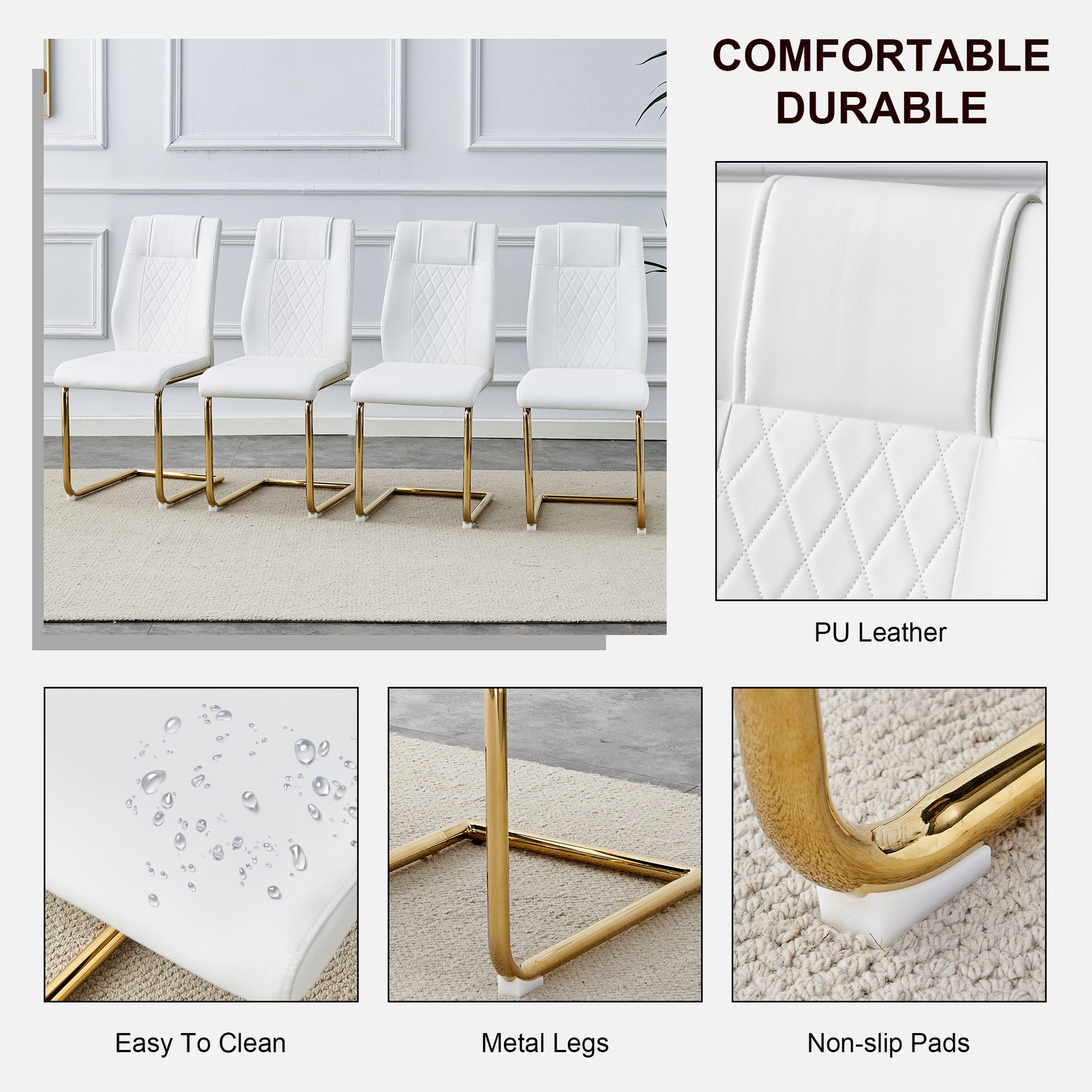 Modern Dining Chairs, Dining Room Chairs, And Golden Leg Cushioned Chairs Made Of Artificial Leather, Suitable For Kitchens, Living Rooms, Bedrooms, And Offices. Set Of 4 Pieces White Pu C 001 White Foam Pu