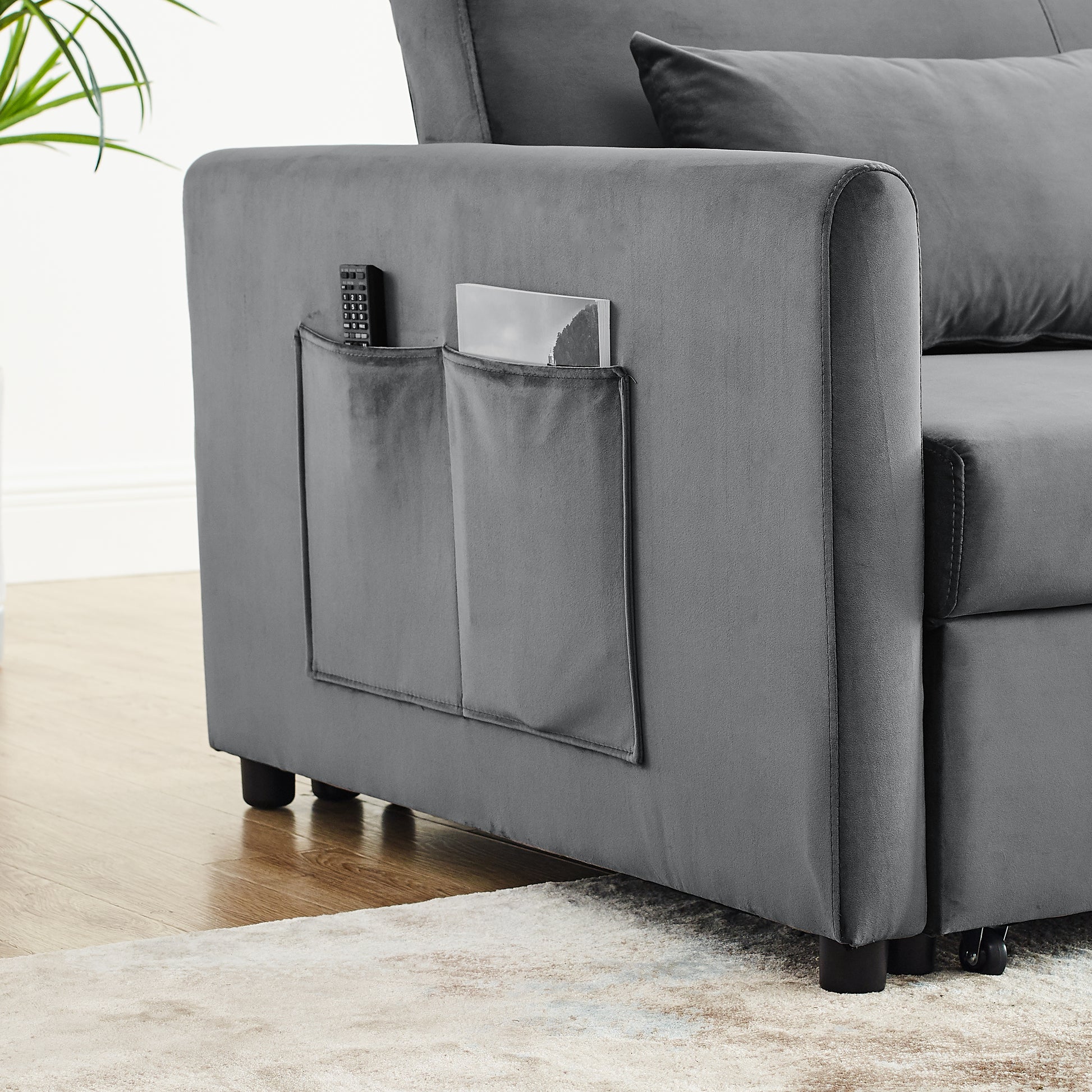 Convertible Sofa Bed, 3 In 1 Versatile Velvet Double Sofa With Pullout Bed, Seat With Adjustable Backrest, Lumbar Pillows, And Living Room Side Pockets, 54 Inch, Grey Light Brown Wood Primary Living Space Delicate Duty Eucalyptus 2 Seat Grey Velvet Soft