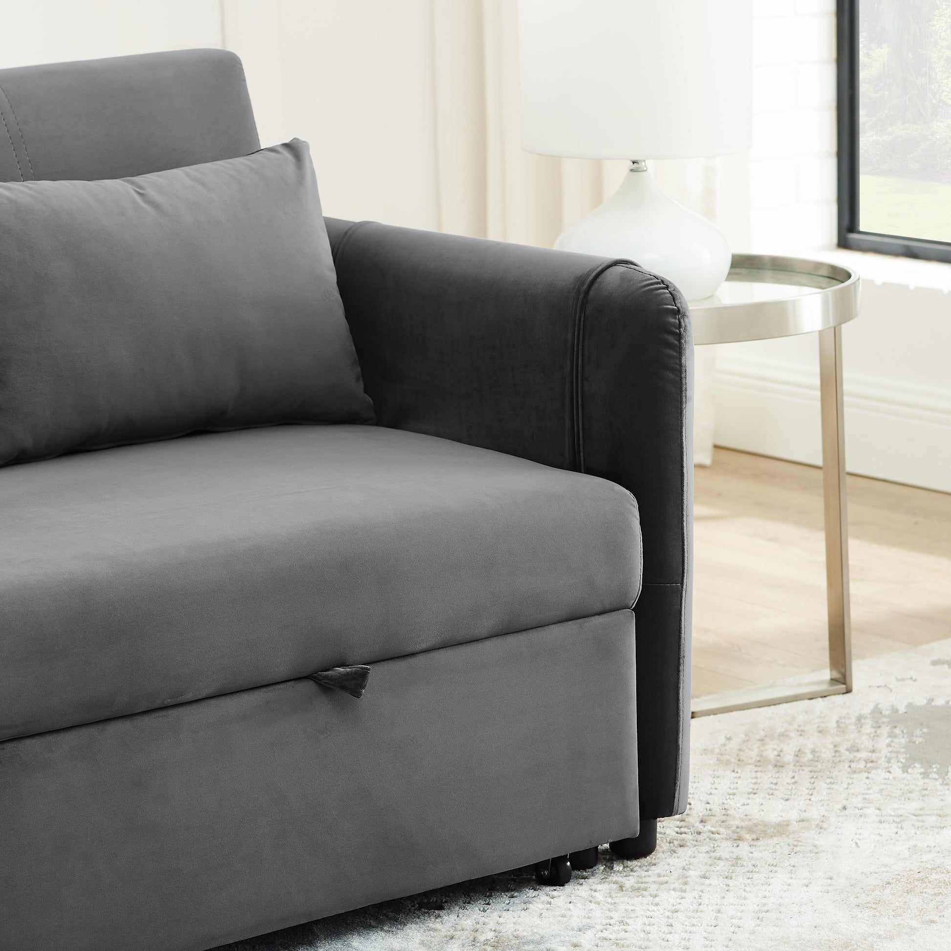 Convertible Sofa Bed, 3 In 1 Versatile Velvet Double Sofa With Pullout Bed, Seat With Adjustable Backrest, Lumbar Pillows, And Living Room Side Pockets, 54 Inch, Grey Brown Wood Primary Living Space Delicate Duty Eucalyptus 2 Seat Grey Velvet Soft Pillow