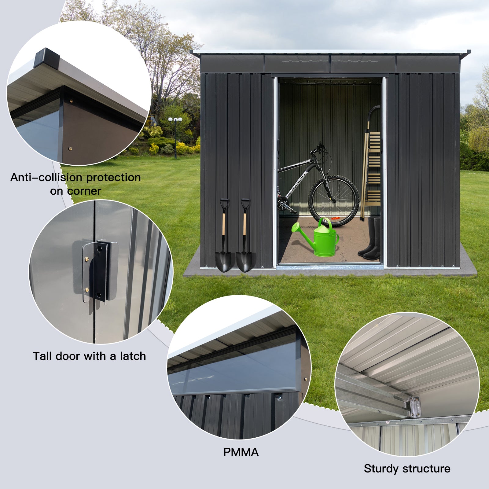 Metal Garden Sheds 6Ftx8Ft Outdoor Acrylic Total Black Iron Plastic