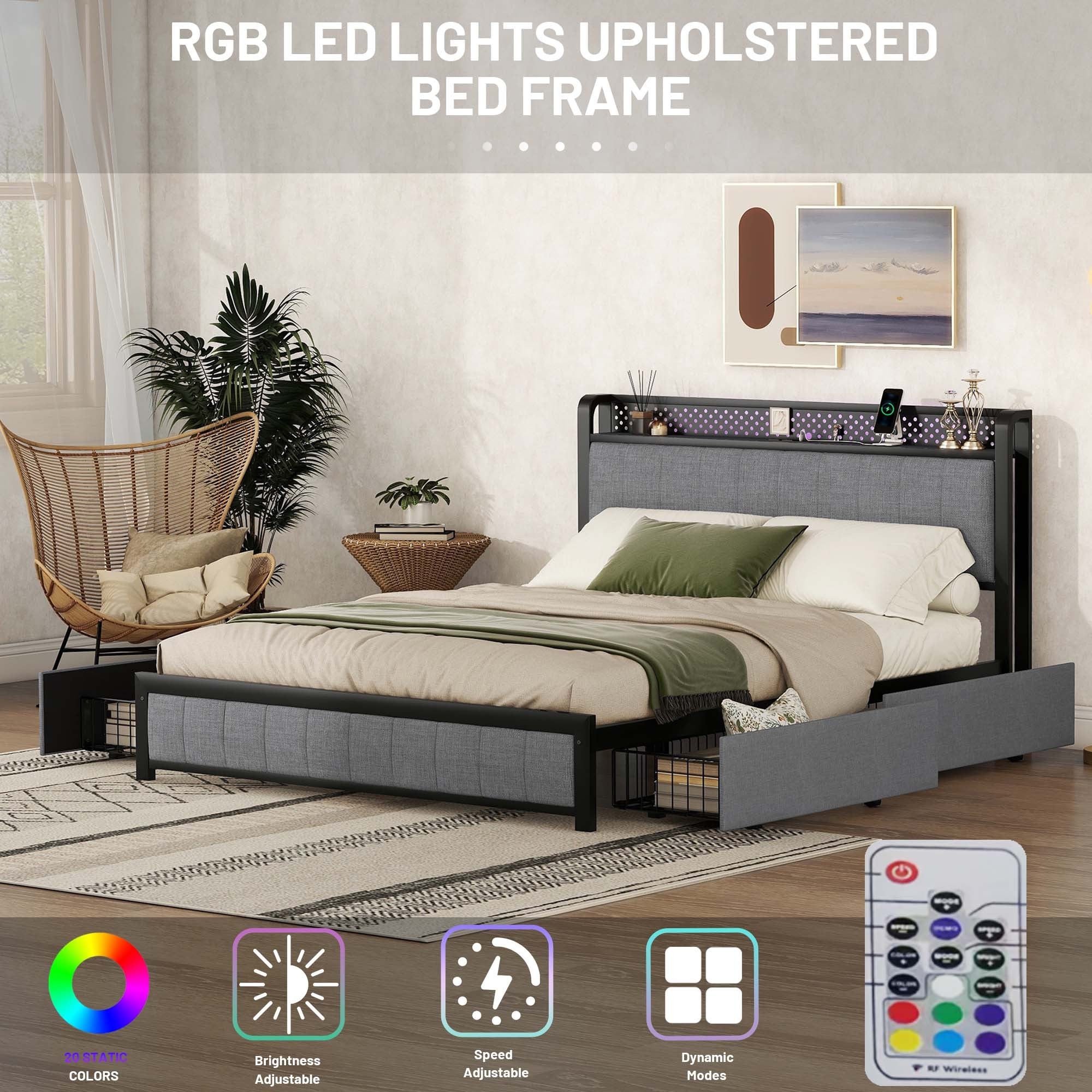 Queen Bed Frame with LED Headboard, Upholstered Bed light gray-linen