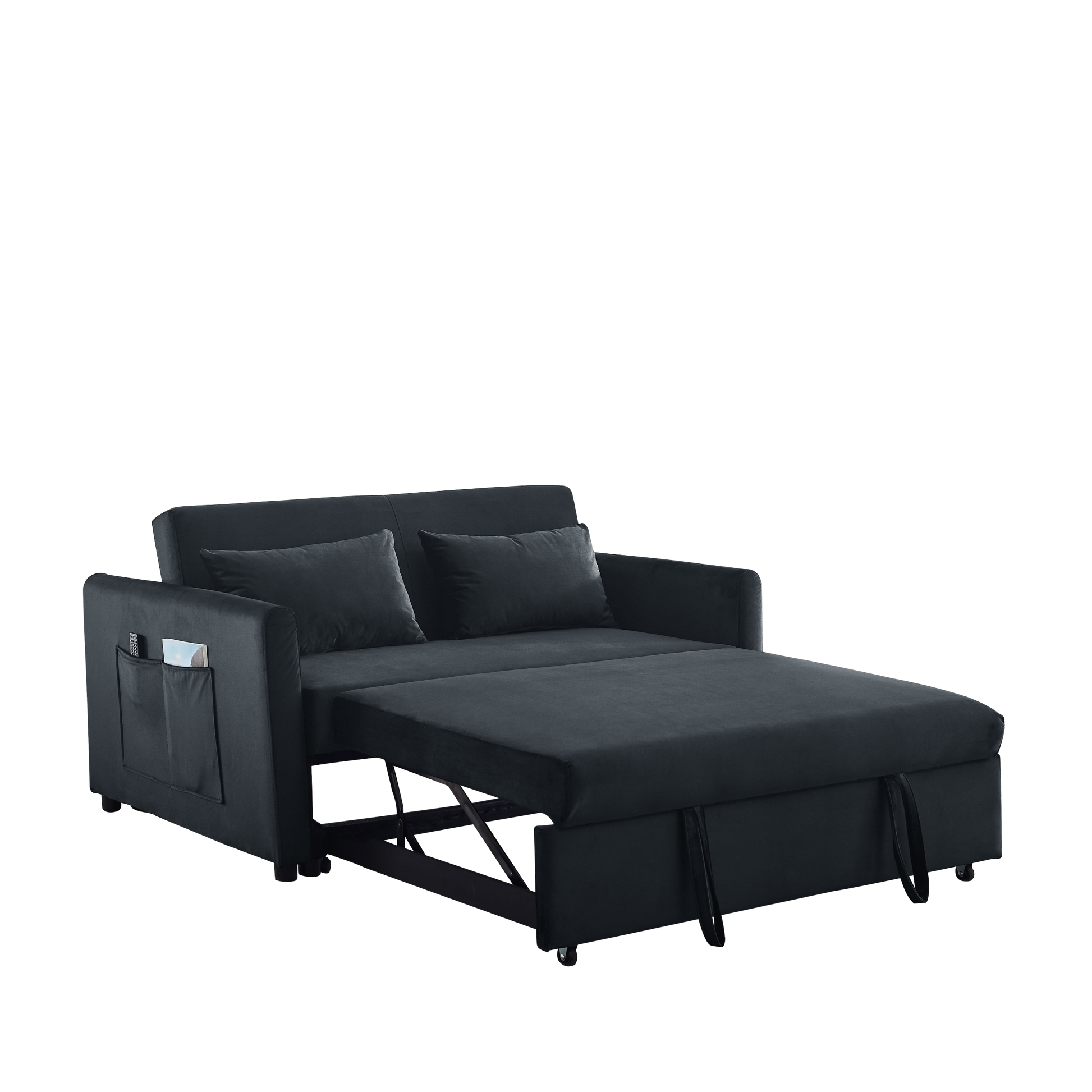 Convertible Sofa Bed, 3 In 1 Versatile Velvet Double Sofa With Pullout Bed, Seat With Adjustable Backrest, Lumbar Pillows, And Living Room Side Pockets, 54 Inch, Black Black Brown Velvet Wood Primary Living Space Soft Pillow Back Delicate Duty American