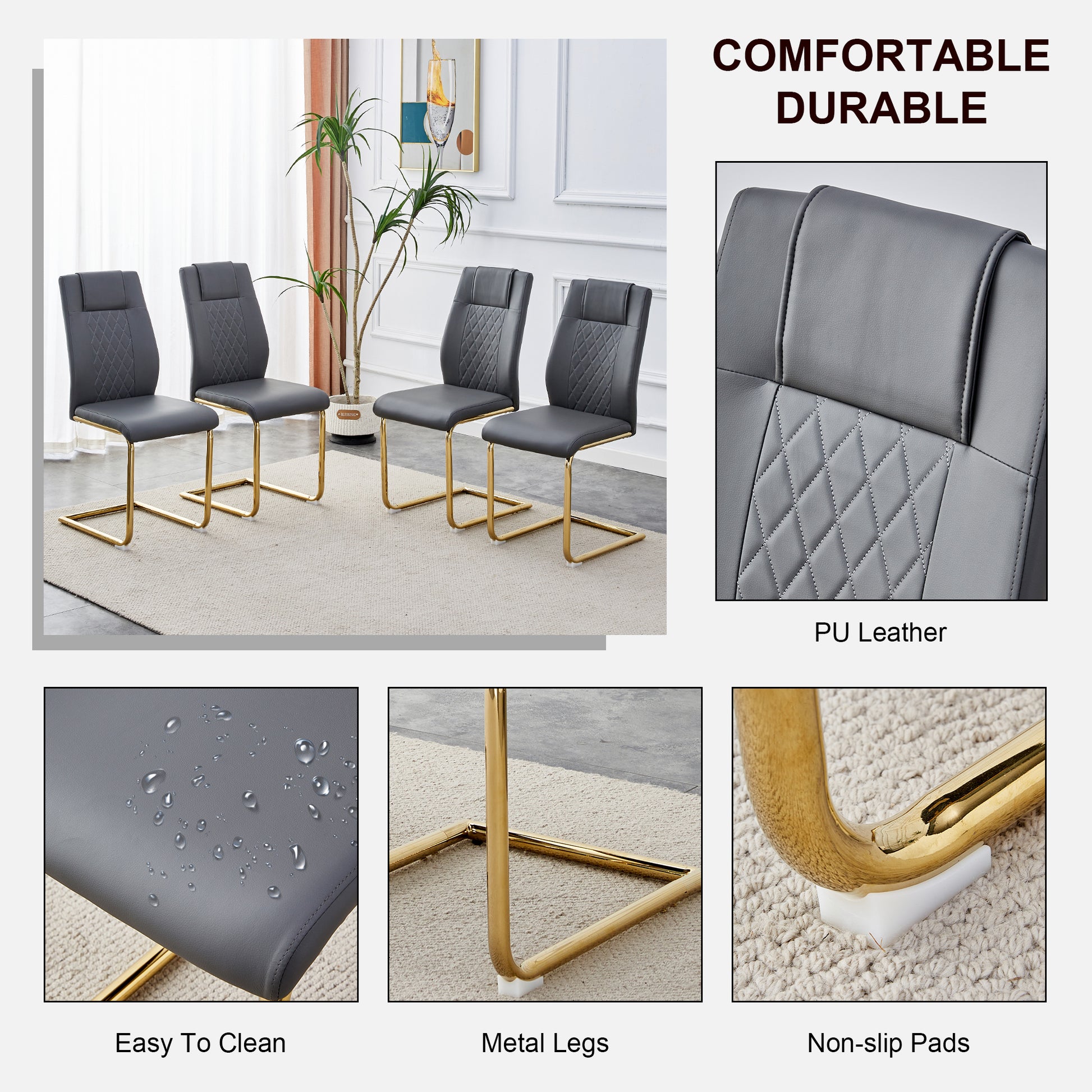 Modern Dining Chairs, Restaurant Chairs, And Gold Legged Upholstered Chairs Made Of Artificial Leather, Suitable For Kitchens, Living Rooms, Bedrooms, And Offices. Set Of 4 Pieces Gray Pu C 001 Gray Pu