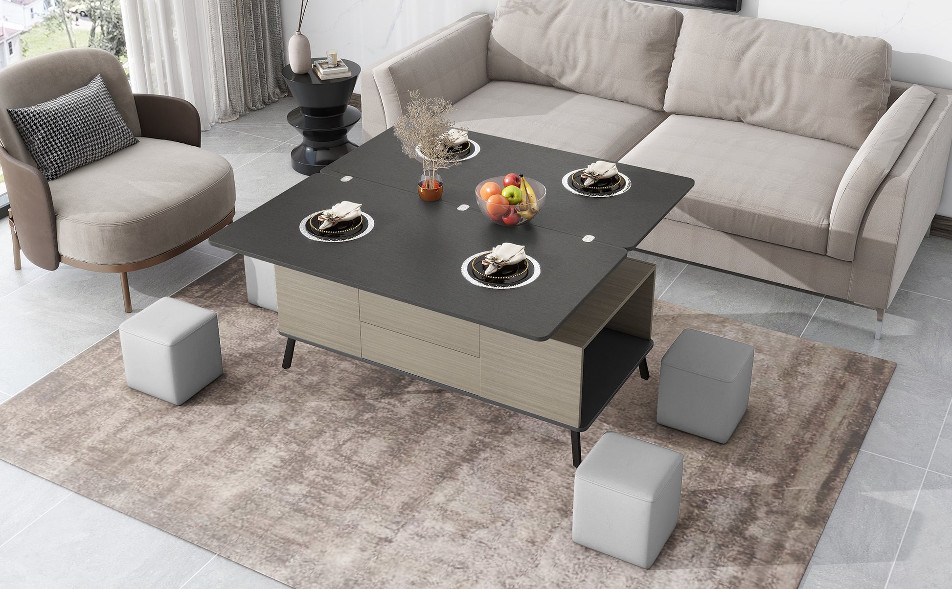 5 Pieces Lift Top Coffee Table Set With Storage Convertible Dining Table With Ottomans Dark Gray Fabric Mdf