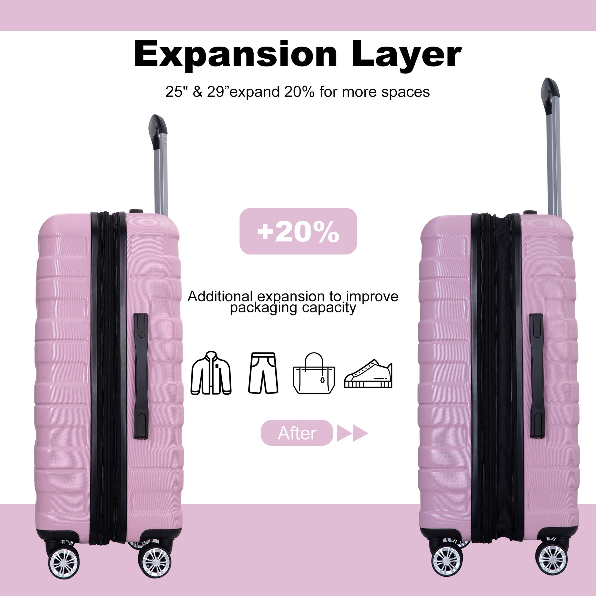 Luggage Set Of 5 Pieces, Expandable Hard Pc Luggage Set With Tsa Lock For Rotating Wheels, Lightweight Rolling Luggage For Men And Women,Pink. Pink Pc