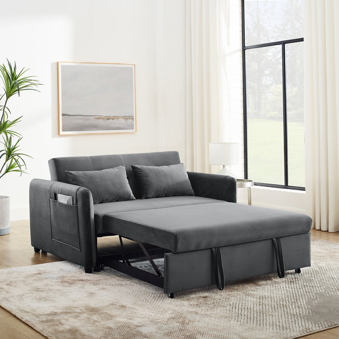 Convertible Sofa Bed, 3 In 1 Versatile Velvet Double Sofa With Pullout Bed, Seat With Adjustable Backrest, Lumbar Pillows, And Living Room Side Pockets, 54 Inch, Grey Brown Wood Primary Living Space Delicate Duty Eucalyptus 2 Seat Grey Velvet Soft Pillow