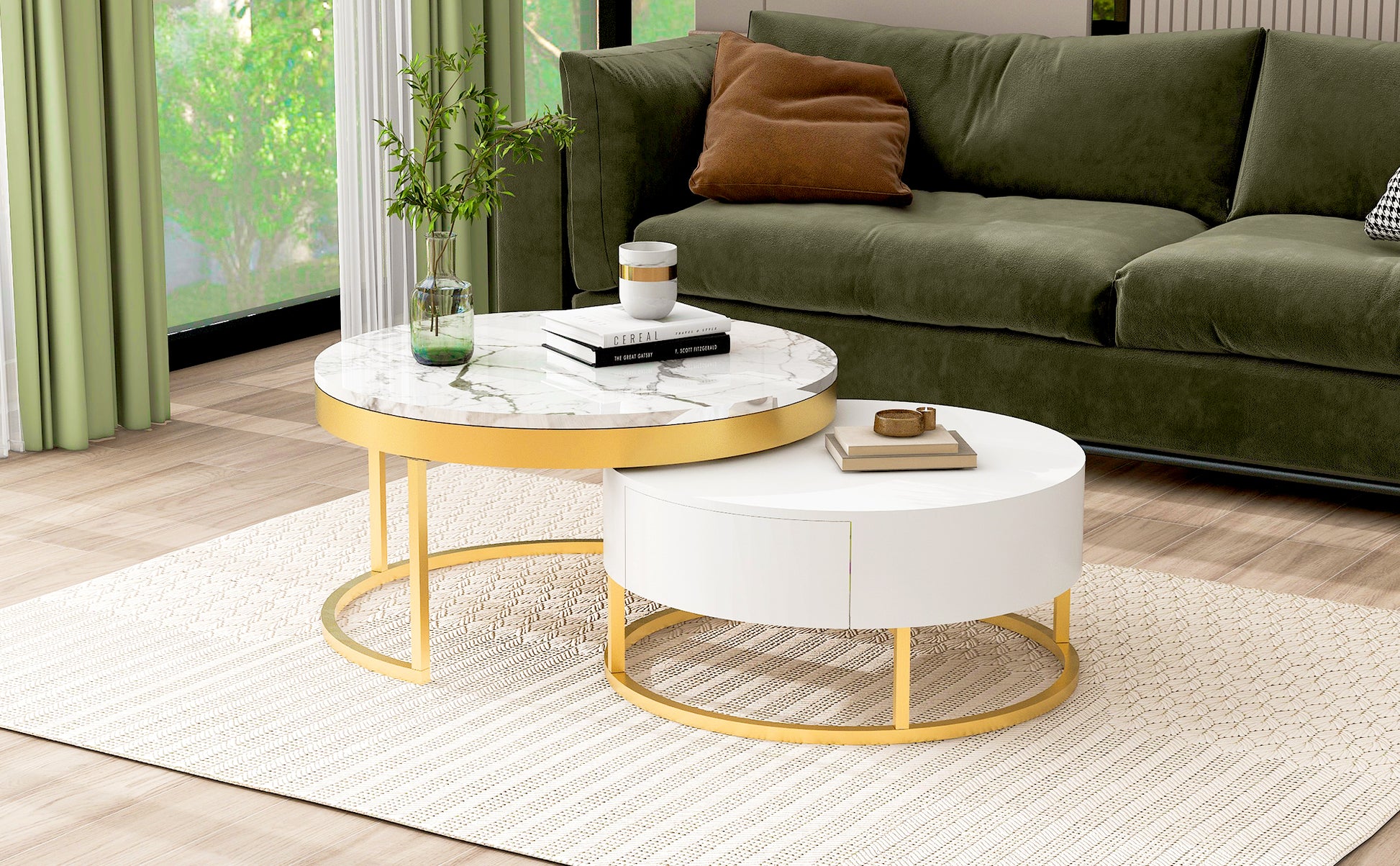 Modern Round Nesting Coffee Table With Drawers In White Golden White Mdf