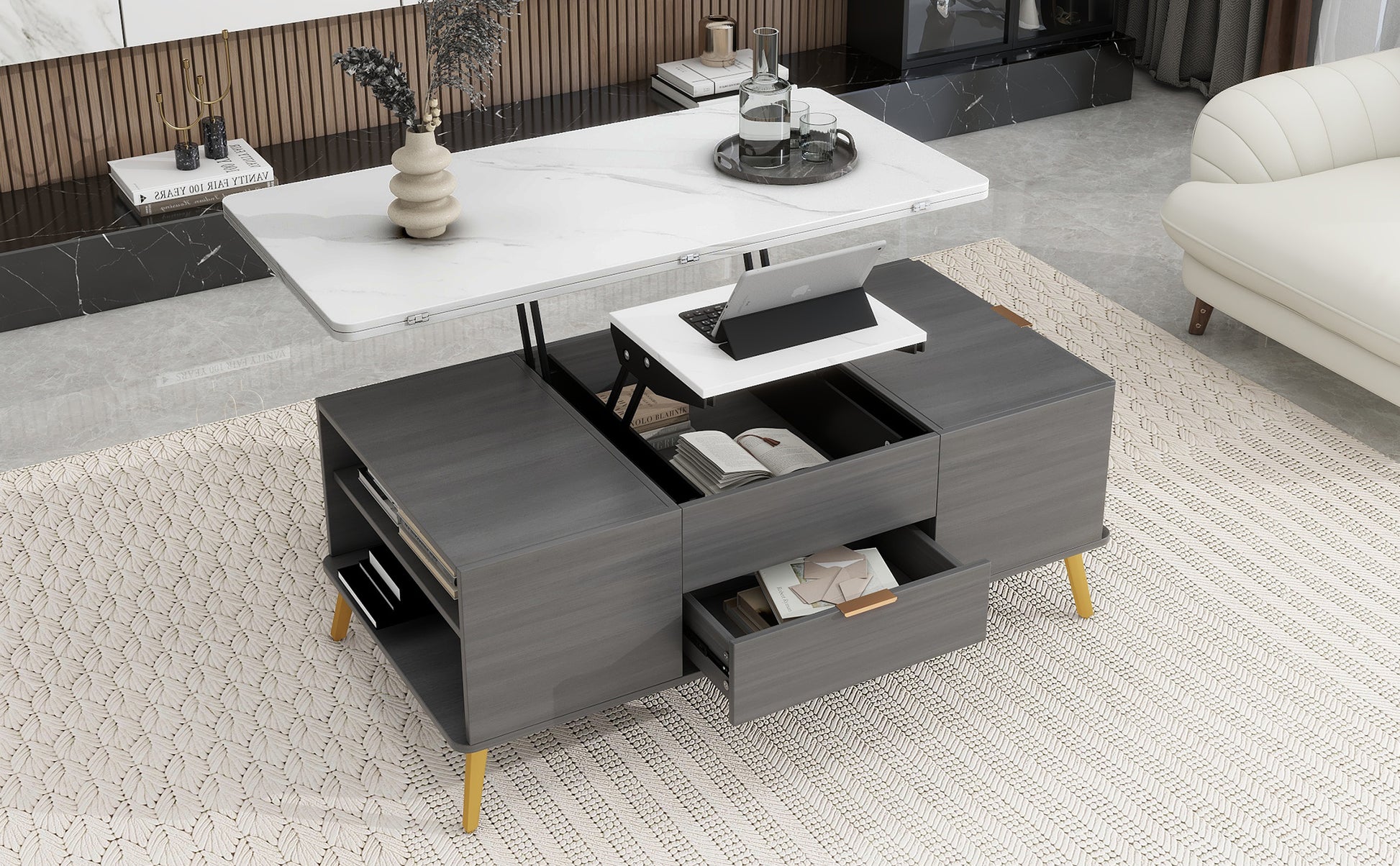 Modern Lift Top Coffee Table Multi Functional Table With Drawers In Gray & White White Gray Mdf Steel