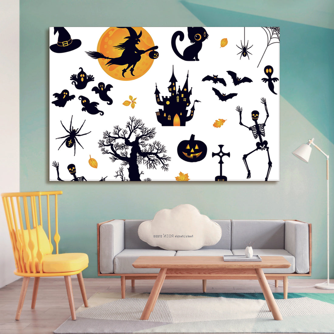 Drop Ping Framed Canvas Wall Art Decor Painting For Halloween, Halloween Scene Painting For Halloween Gift, Decoration For Halloween Living Room, Bedroom Decor Ready To Hang Rectangle Framed Multicolor Halloween Oversized 41In Canvas Cultures And