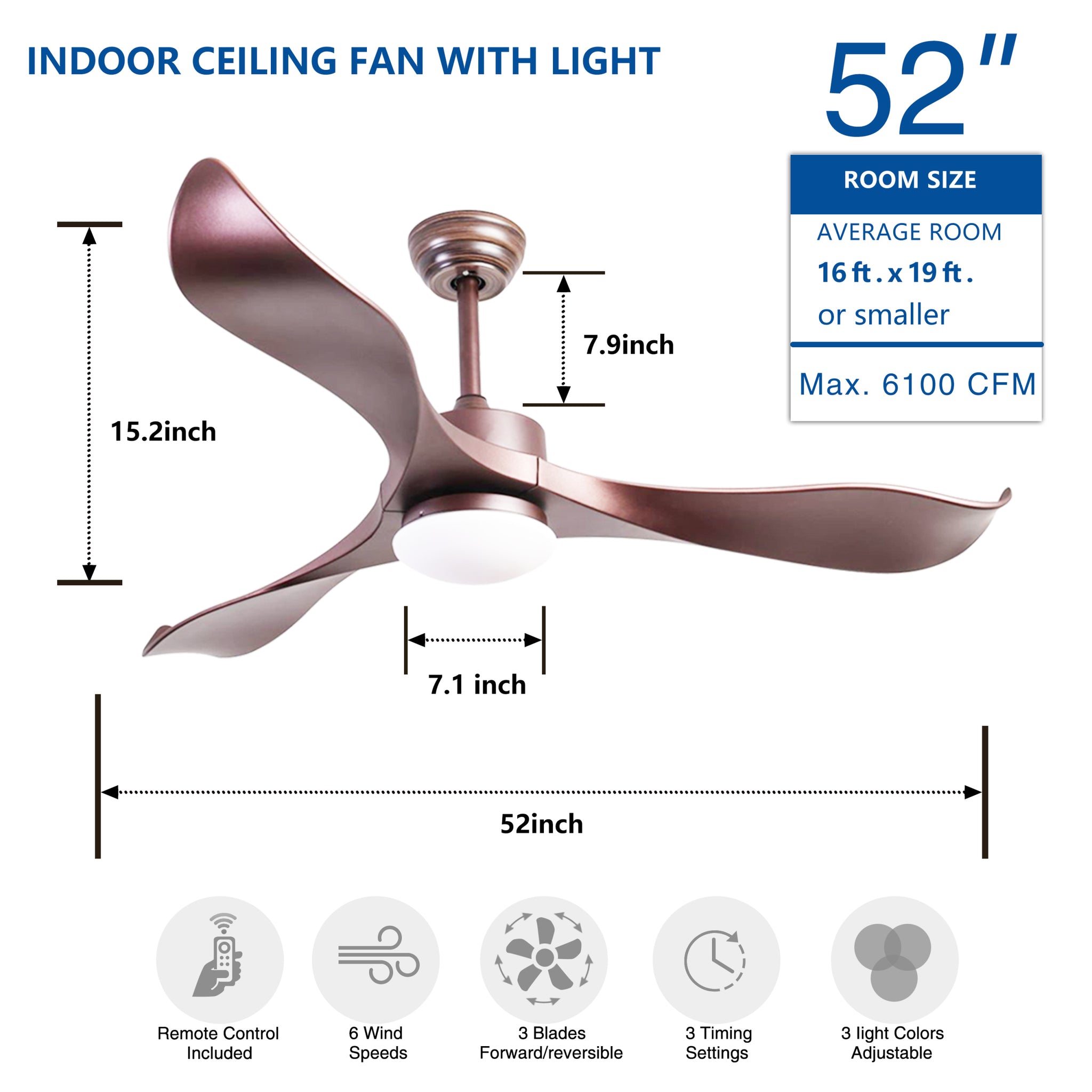 52inch Ceiling Fans with Lights, 3 ABS Fan Blades brown-abs+steel(q235)