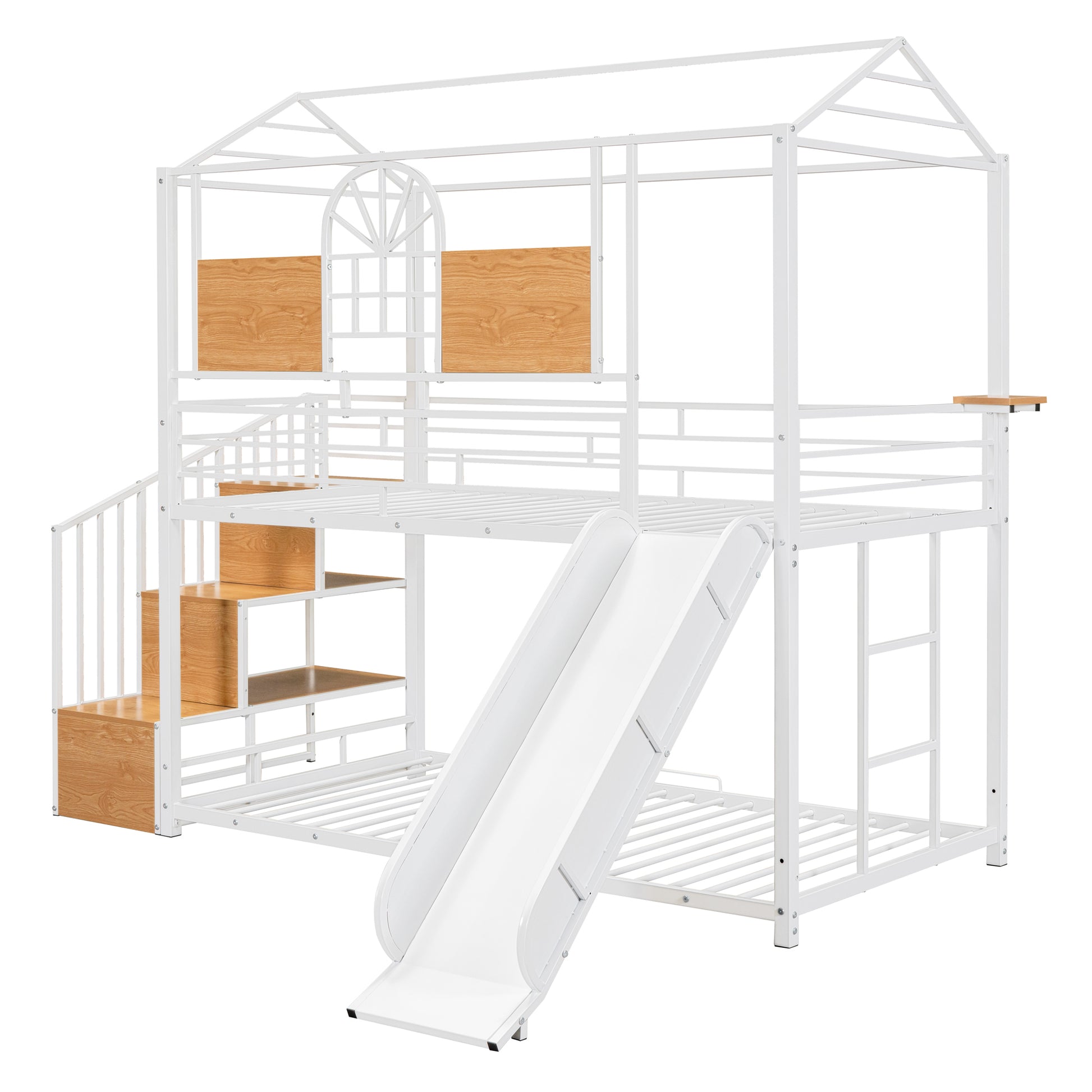 Twin Over Twin Metal Bunk Bed, Metal Housebed With Slide And Storage Stair, White With White Slide White Iron